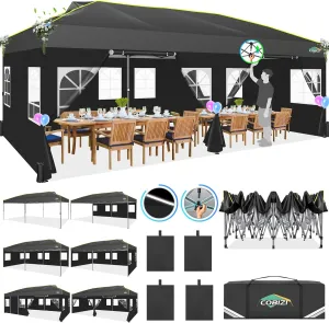 COBIZI 10x20 Pop Up Canopy with 6 Sidewalls One Push Setup Outdoor Event Shelter Waterproof UPF 50  Gazebo Tent with Carry Bag,Air Vent,Sandbag for Wedding, Commercial, Party,Black
