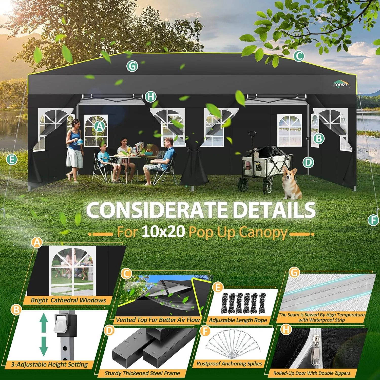 COBIZI 10x20 Pop Up Canopy with 6 Sidewalls One Push Setup Outdoor Event Shelter Waterproof UPF 50  Gazebo Tent with Carry Bag,Air Vent,Sandbag for Wedding, Commercial, Party,Black