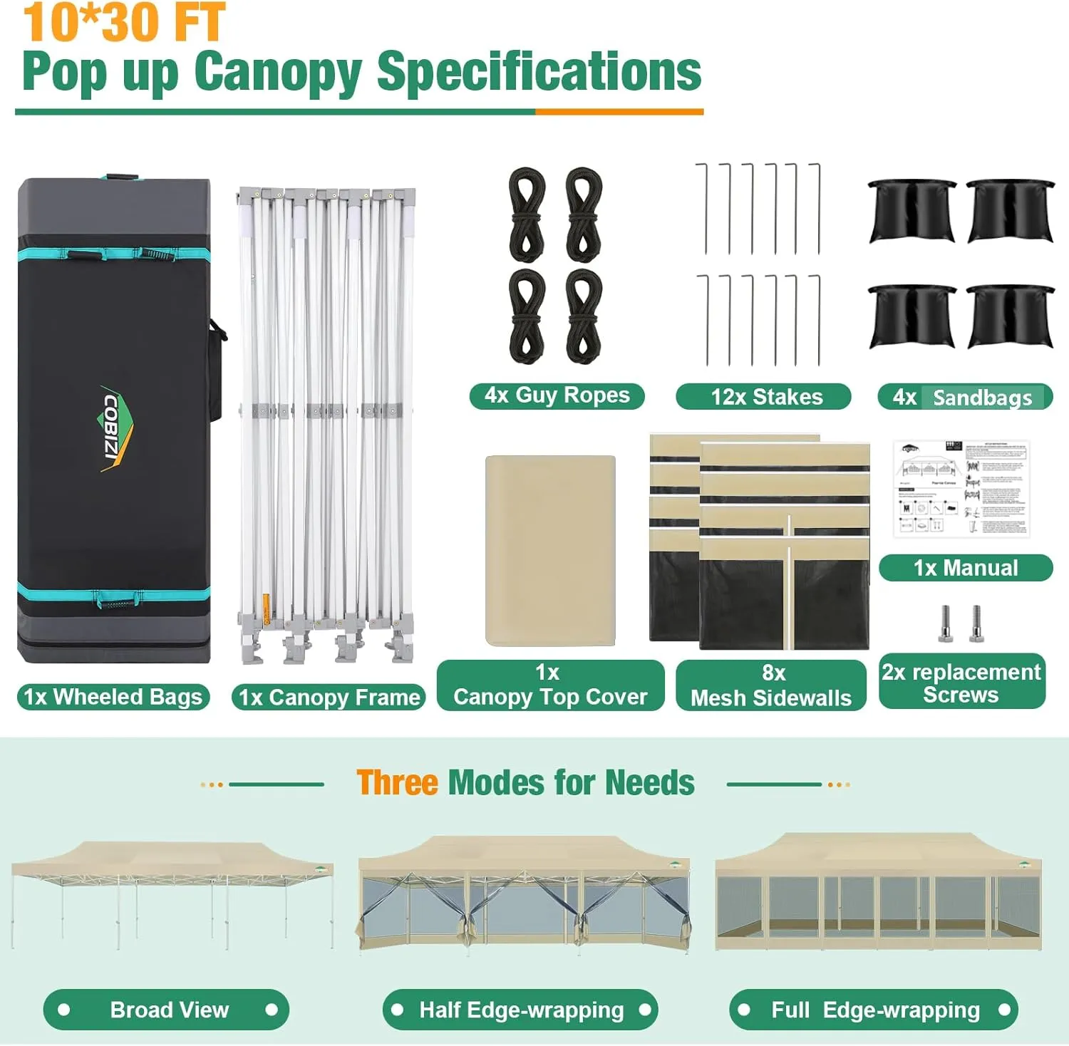 COBIZI 10x30 Canopy Tent, Heavy Duty Pop up Canopy with Sidewalls, Waterproof Easy Setup Canopy with Mosquito Netting, Outdoor Instant Screen Tents for Parties, Wedding with Roller Bag, Khaki