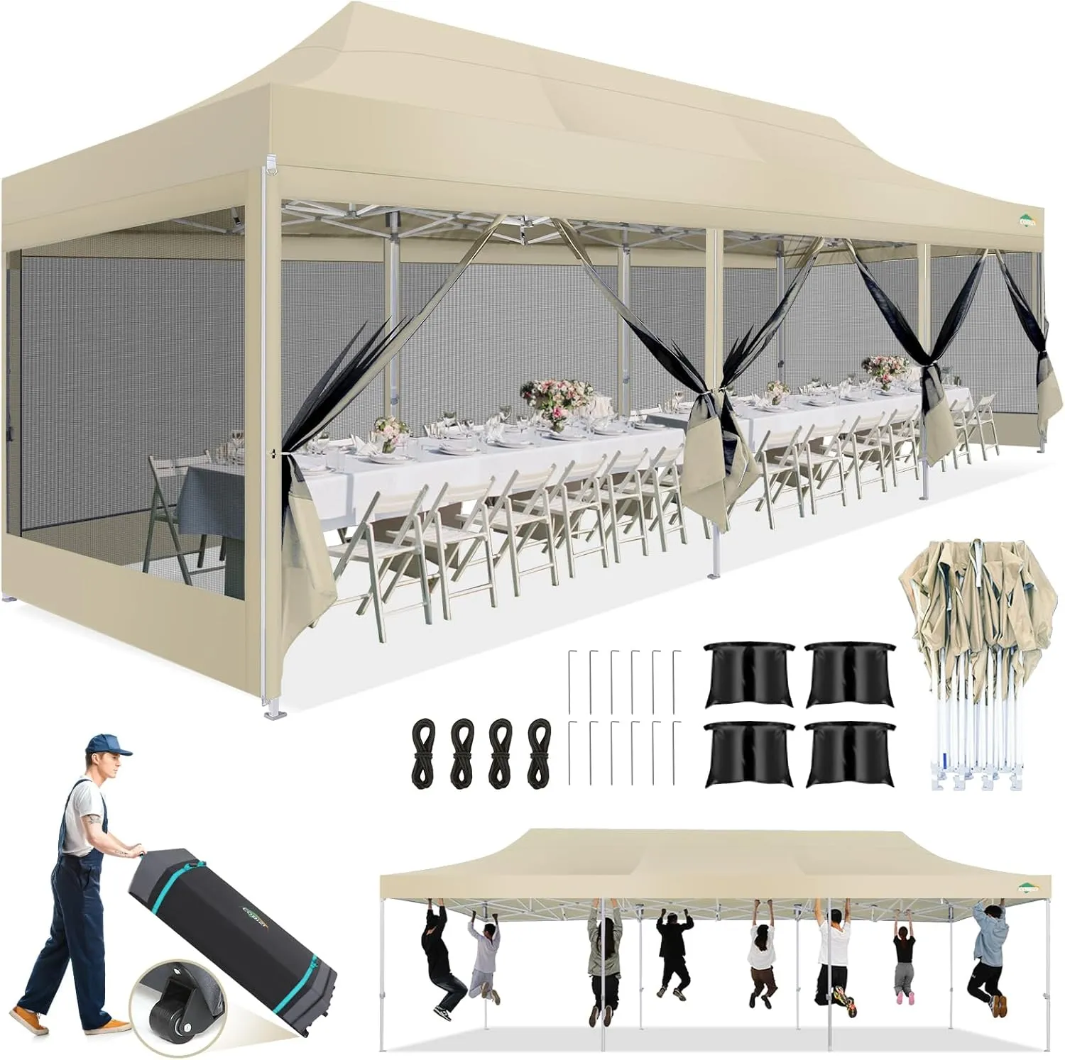 COBIZI 10x30 Canopy Tent, Heavy Duty Pop up Canopy with Sidewalls, Waterproof Easy Setup Canopy with Mosquito Netting, Outdoor Instant Screen Tents for Parties, Wedding with Roller Bag, Khaki
