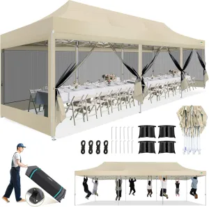 COBIZI 10x30 Canopy Tent, Heavy Duty Pop up Canopy with Sidewalls, Waterproof Easy Setup Canopy with Mosquito Netting, Outdoor Instant Screen Tents for Parties, Wedding with Roller Bag, Khaki