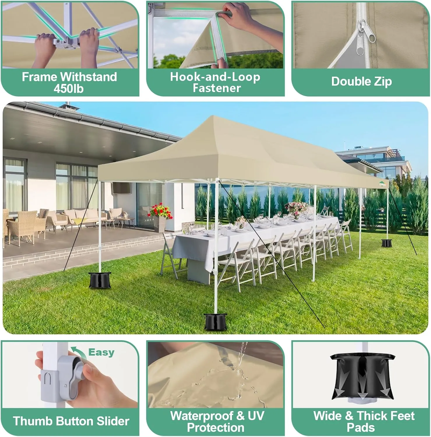 COBIZI 10x30 Canopy Tent, Heavy Duty Pop up Canopy with Sidewalls, Waterproof Easy Setup Canopy with Mosquito Netting, Outdoor Instant Screen Tents for Parties, Wedding with Roller Bag, Khaki
