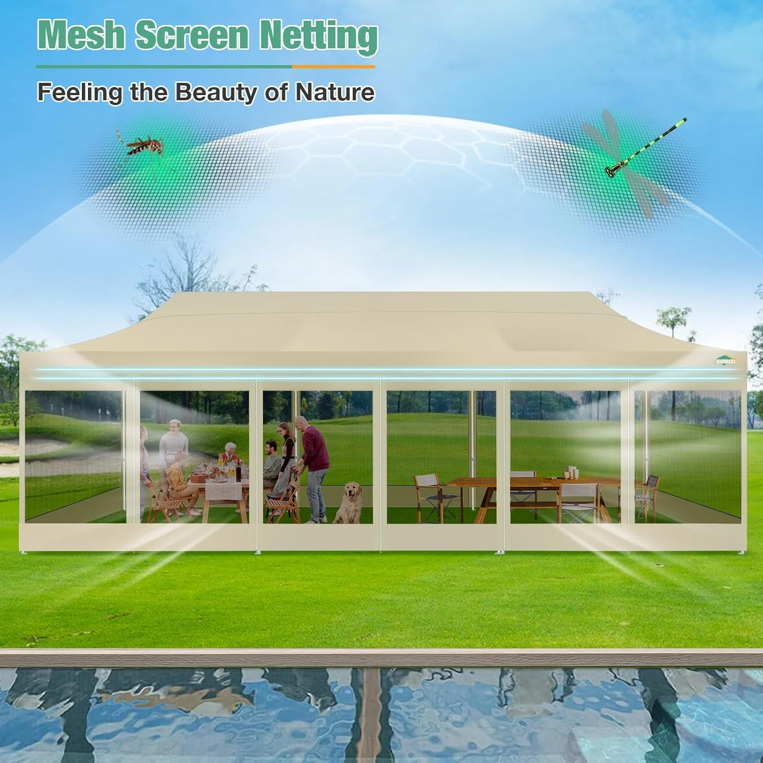 COBIZI 10x30 Canopy Tent, Heavy Duty Pop up Canopy with Sidewalls, Waterproof Easy Setup Canopy with Mosquito Netting, Outdoor Instant Screen Tents for Parties, Wedding with Roller Bag, Khaki