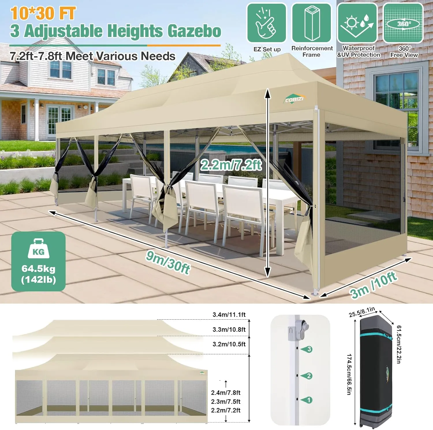 COBIZI 10x30 Canopy Tent, Heavy Duty Pop up Canopy with Sidewalls, Waterproof Easy Setup Canopy with Mosquito Netting, Outdoor Instant Screen Tents for Parties, Wedding with Roller Bag, Khaki