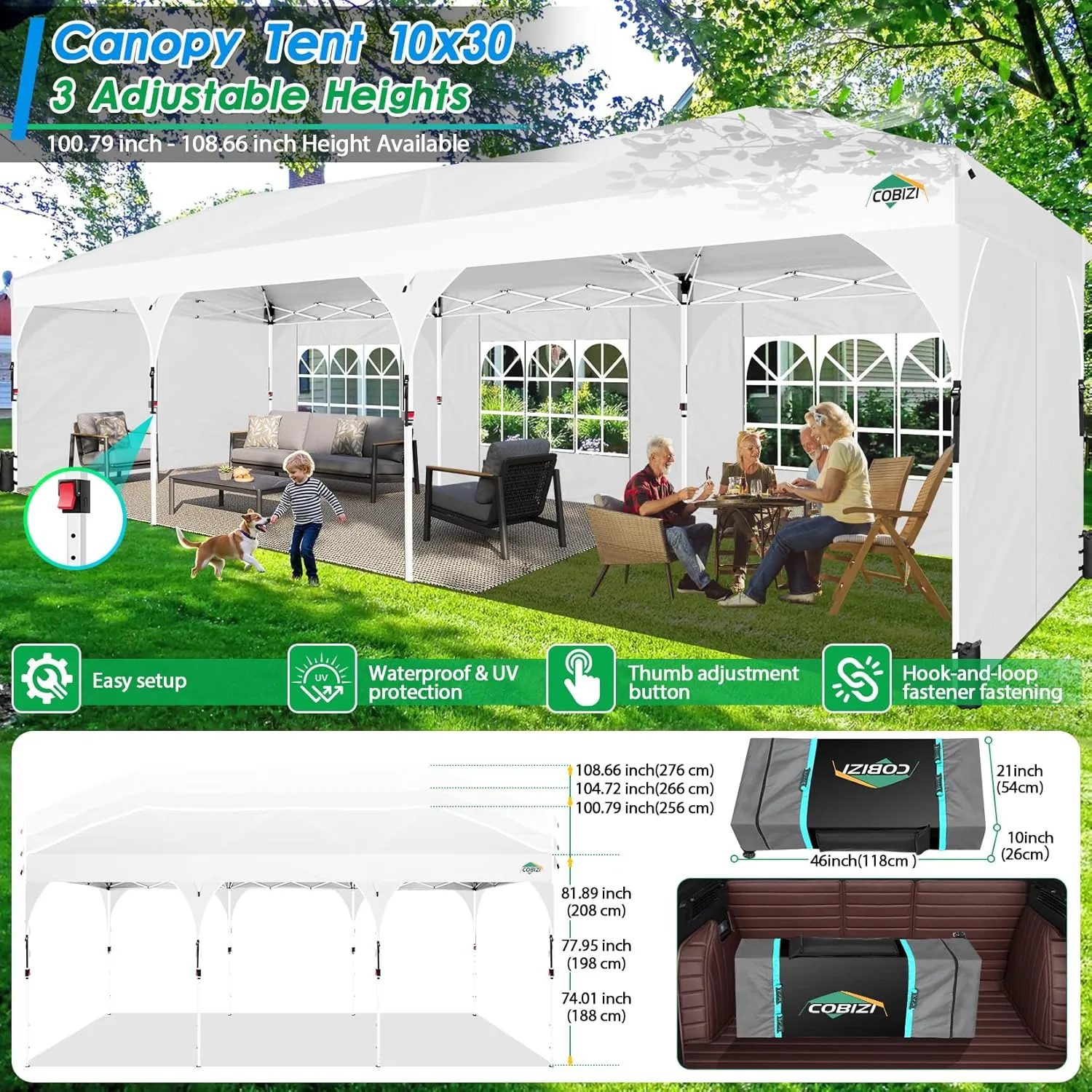COBIZI 10x30 Pop Up Canopy Tent for Parties with 5 Sidewalls| Push Center Lock & Air Vent| Waterproof & UPF50  |Gazebo Outdoor Tent for Party,Wedding,BBQ with 4 Sandbags, 8 Stakes & 16 Ropes,White