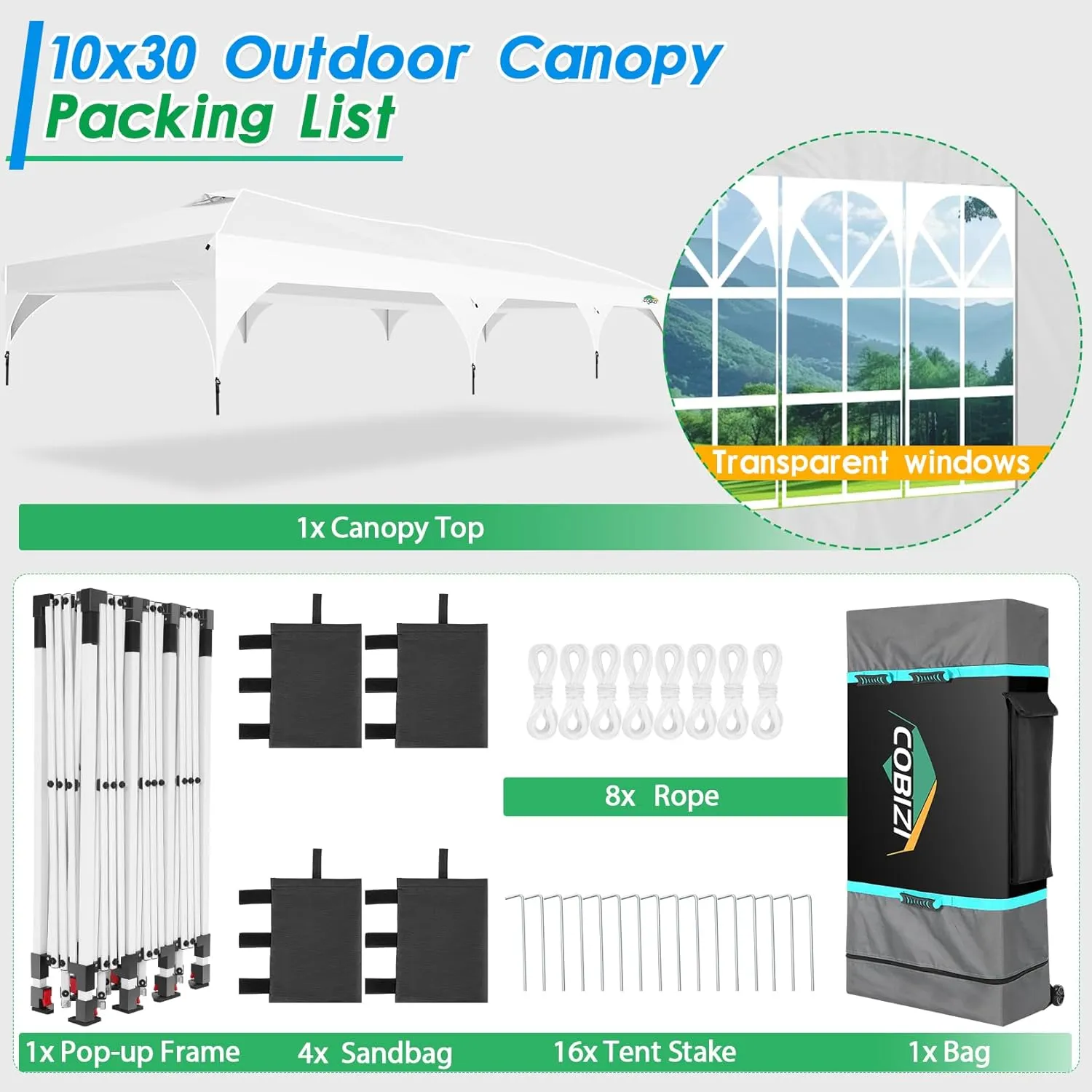 COBIZI 10x30 Pop Up Canopy Tent for Parties with 5 Sidewalls| Push Center Lock & Air Vent| Waterproof & UPF50  |Gazebo Outdoor Tent for Party,Wedding,BBQ with 4 Sandbags, 8 Stakes & 16 Ropes,White
