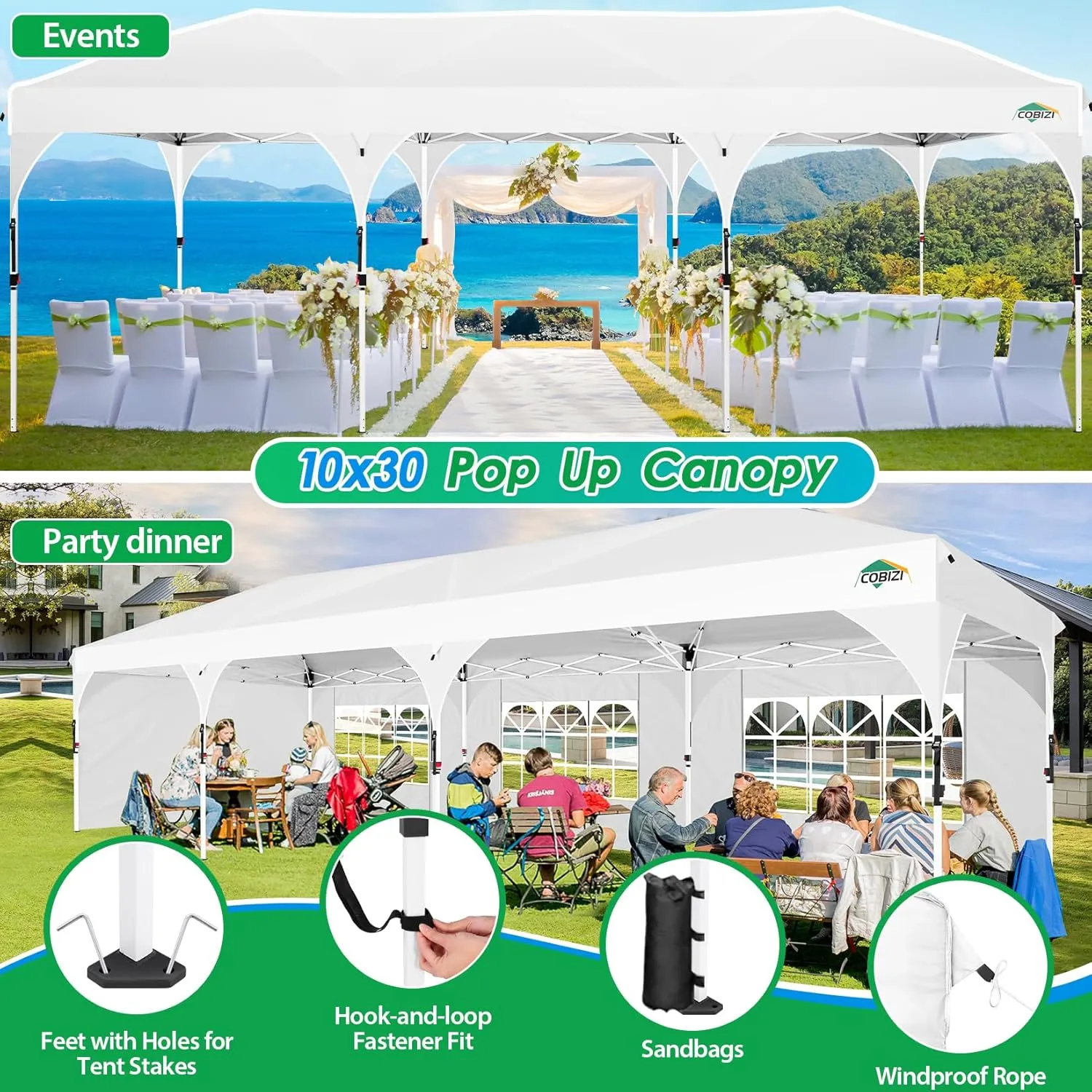 COBIZI 10x30 Pop Up Canopy Tent for Parties with 5 Sidewalls| Push Center Lock & Air Vent| Waterproof & UPF50  |Gazebo Outdoor Tent for Party,Wedding,BBQ with 4 Sandbags, 8 Stakes & 16 Ropes,White