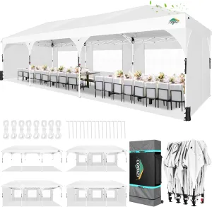 COBIZI 10x30 Pop Up Canopy Tent for Parties with 5 Sidewalls| Push Center Lock & Air Vent| Waterproof & UPF50  |Gazebo Outdoor Tent for Party,Wedding,BBQ with 4 Sandbags, 8 Stakes & 16 Ropes,White