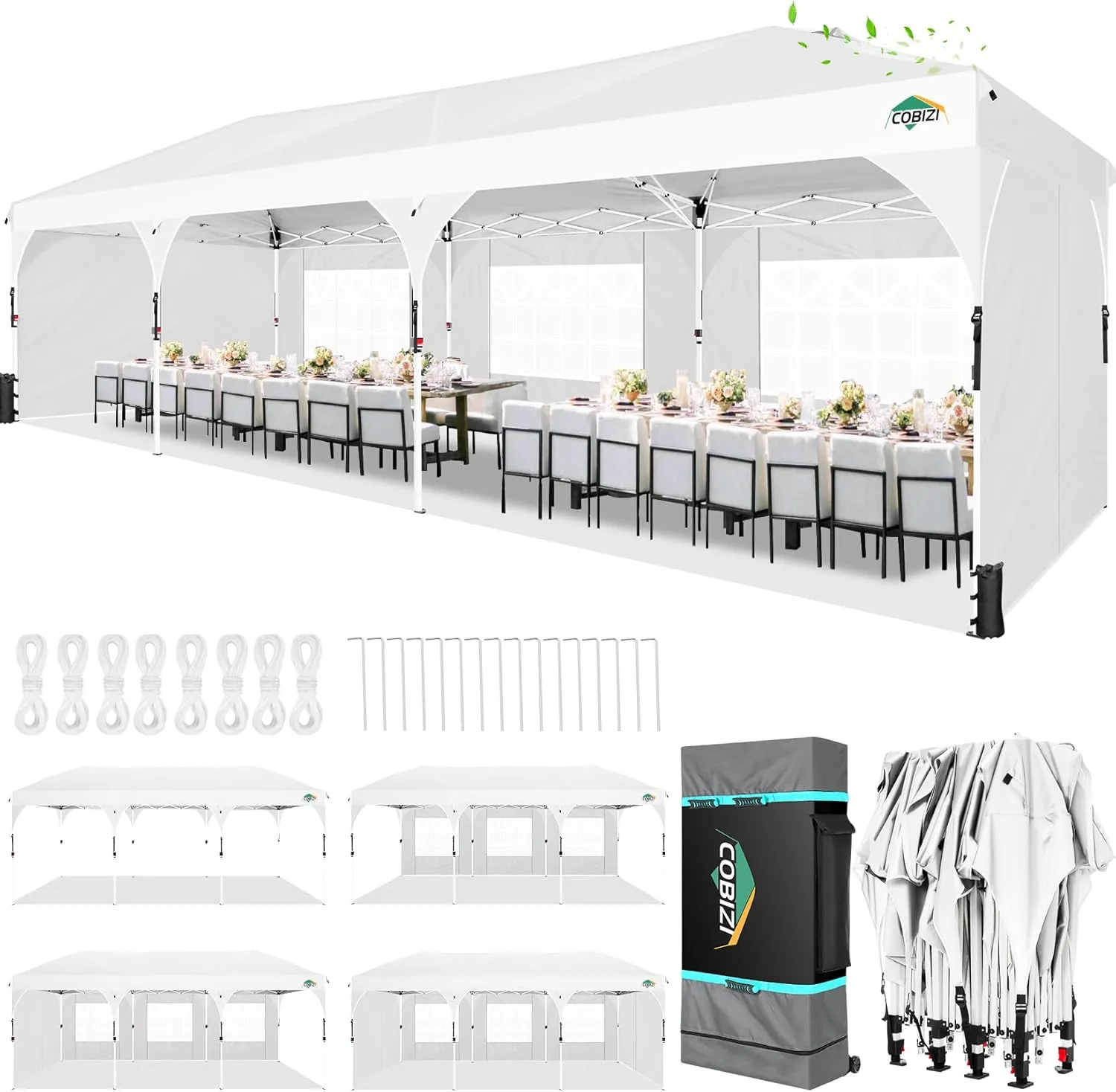 COBIZI 10x30 Pop Up Canopy Tent for Parties with 5 Sidewalls| Push Center Lock & Air Vent| Waterproof & UPF50  |Gazebo Outdoor Tent for Party,Wedding,BBQ with 4 Sandbags, 8 Stakes & 16 Ropes,White