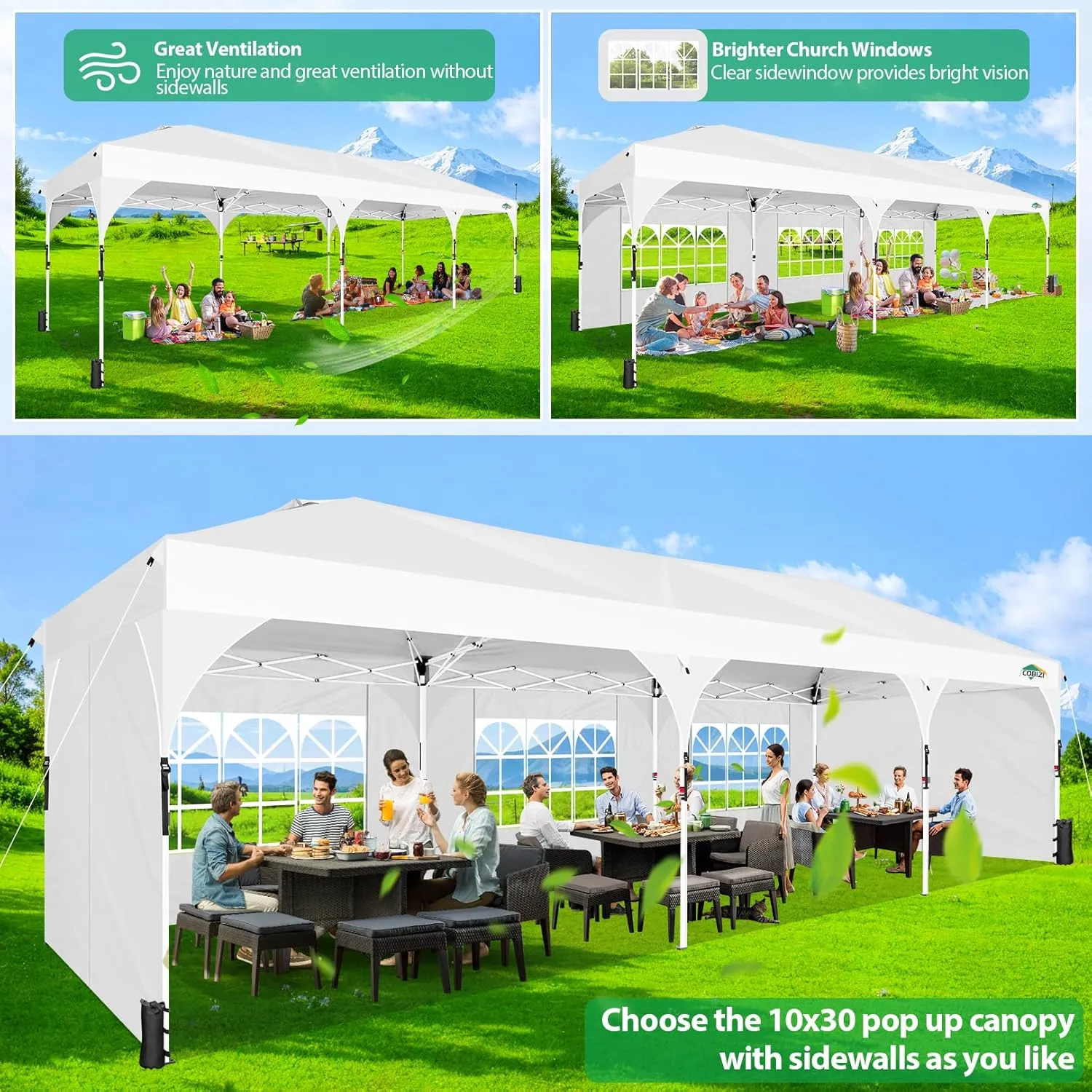 COBIZI 10x30 Pop Up Canopy Tent for Parties with 5 Sidewalls| Push Center Lock & Air Vent| Waterproof & UPF50  |Gazebo Outdoor Tent for Party,Wedding,BBQ with 4 Sandbags, 8 Stakes & 16 Ropes,White