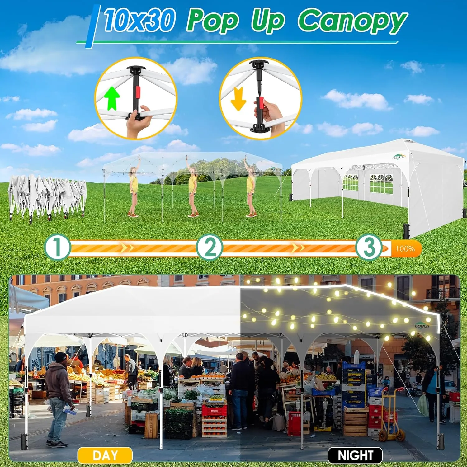 COBIZI 10x30 Pop Up Canopy Tent for Parties with 5 Sidewalls| Push Center Lock & Air Vent| Waterproof & UPF50  |Gazebo Outdoor Tent for Party,Wedding,BBQ with 4 Sandbags, 8 Stakes & 16 Ropes,White