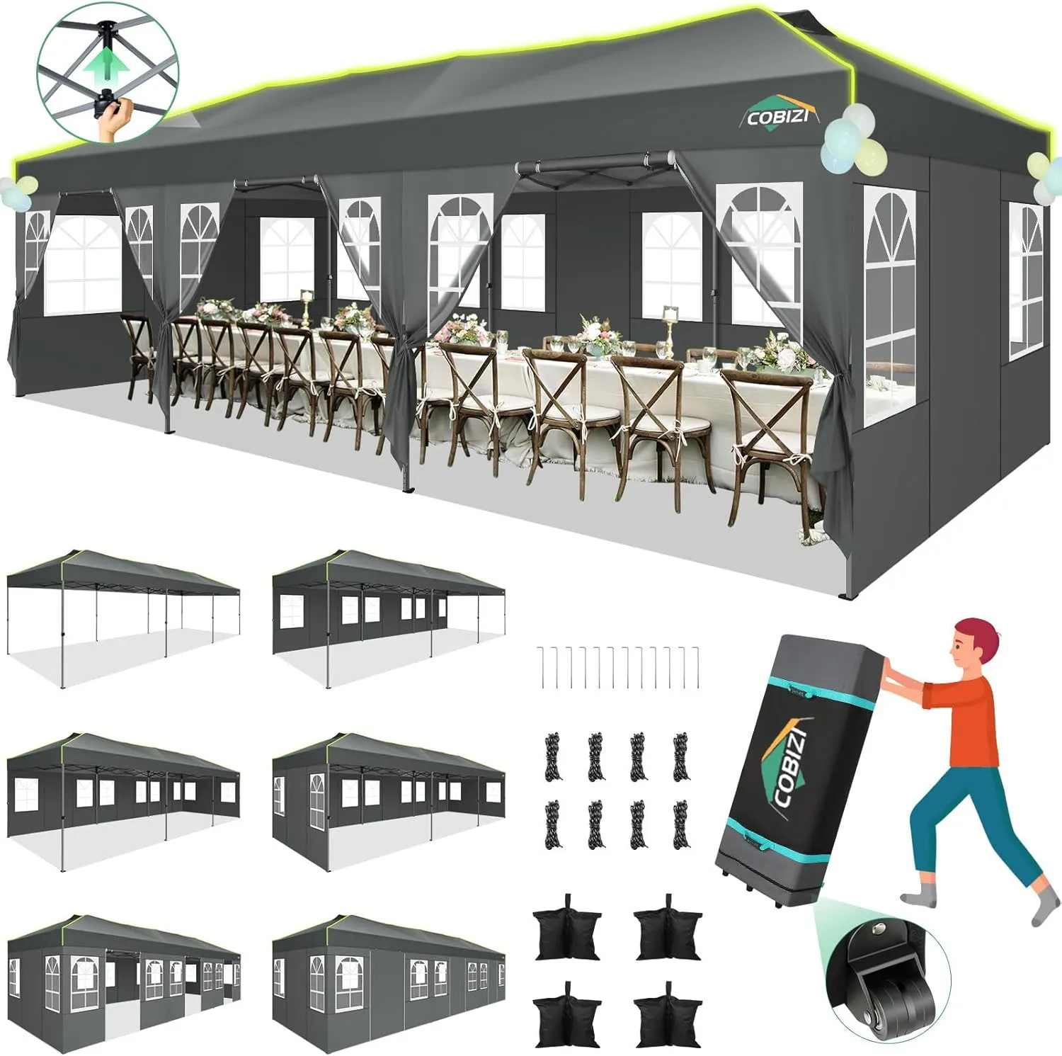 COBIZI 10x30 Pop Up Canopy Tent with 8 Removable Sidewalls, One Push Party Tent Outdoor Waterproof Event Canopy with Air Vent for Parties Commercial Wedding, 3 Height, Roller Bag, Sandbag, Gray