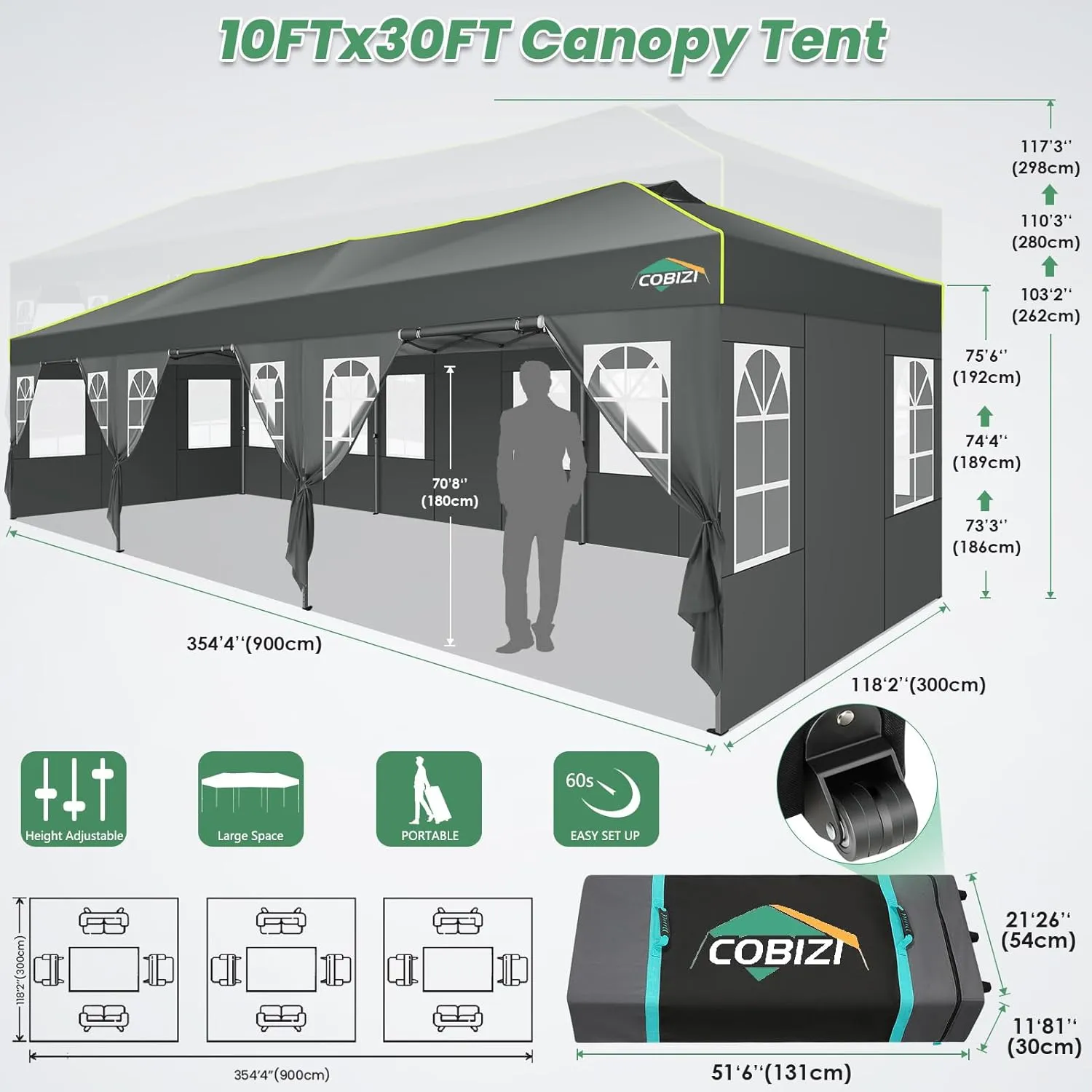 COBIZI 10x30 Pop Up Canopy Tent with 8 Removable Sidewalls, One Push Party Tent Outdoor Waterproof Event Canopy with Air Vent for Parties Commercial Wedding, 3 Height, Roller Bag, Sandbag, Gray