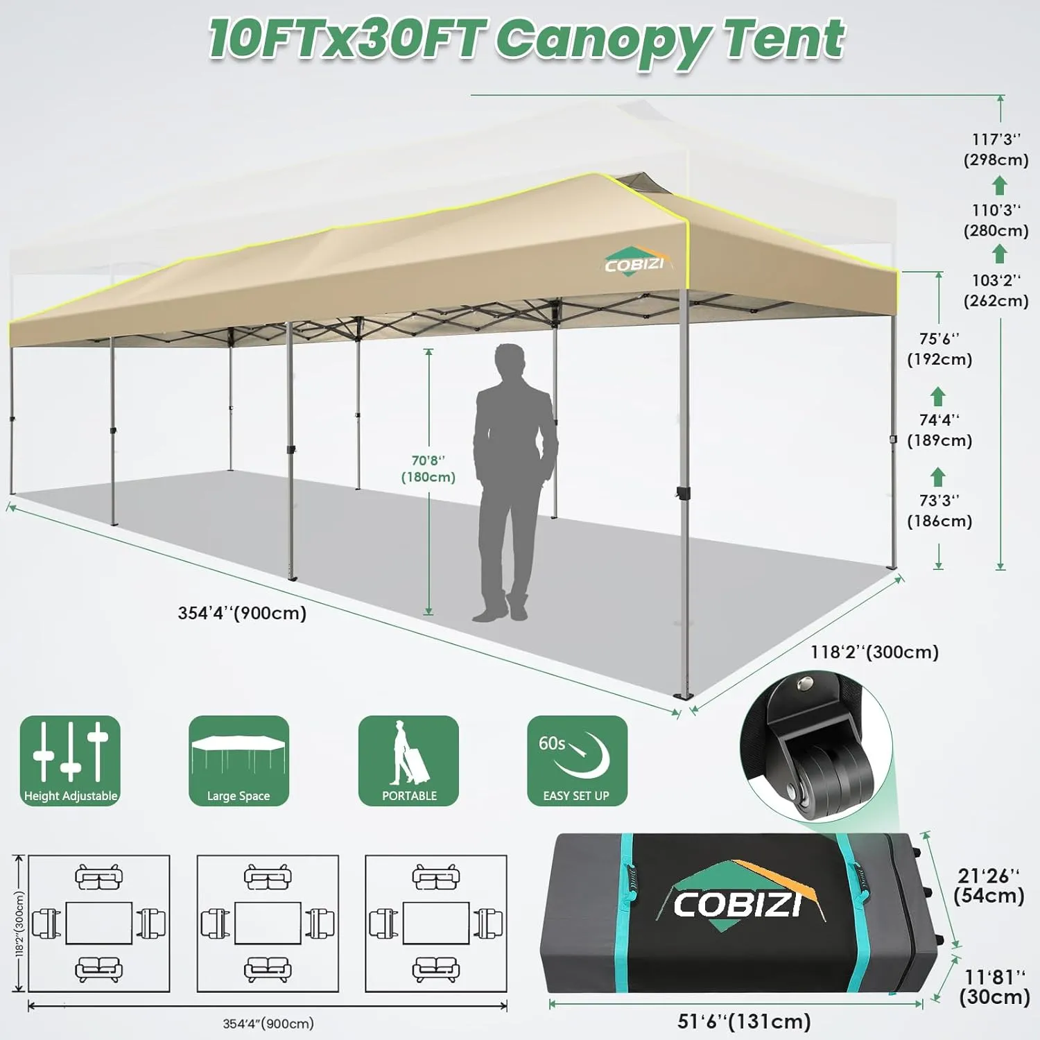 COBIZI 10x30 Pop Up Canopy Tent Without Removable Sidewalls, One Push Party Tent Outdoor Waterproof Event Canopy with Air Vent for Parties Commercial Wedding, 3 Height, Wheeled Bag, Sandbag, Khaki