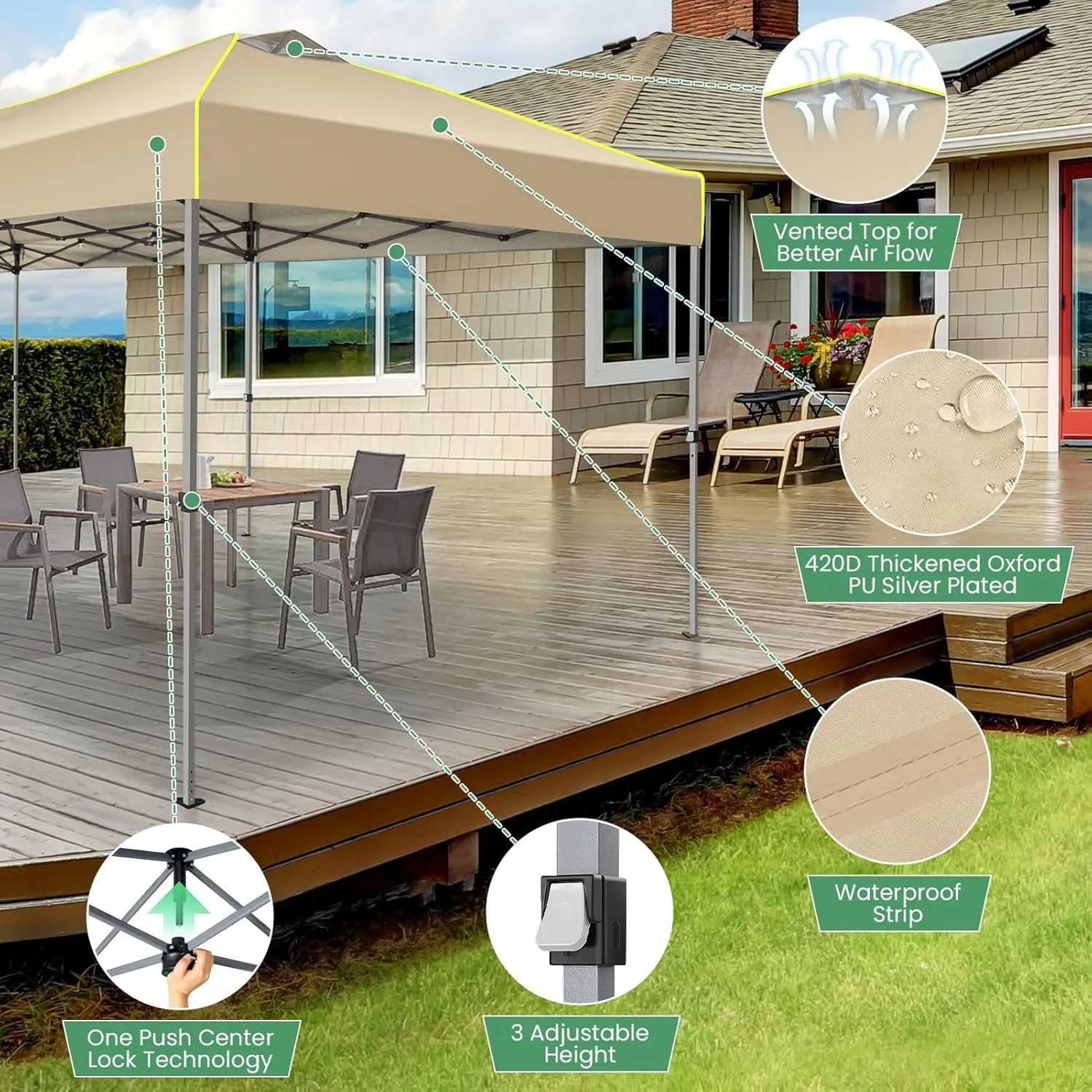 COBIZI 10x30 Pop Up Canopy Tent Without Removable Sidewalls, One Push Party Tent Outdoor Waterproof Event Canopy with Air Vent for Parties Commercial Wedding, 3 Height, Wheeled Bag, Sandbag, Khaki