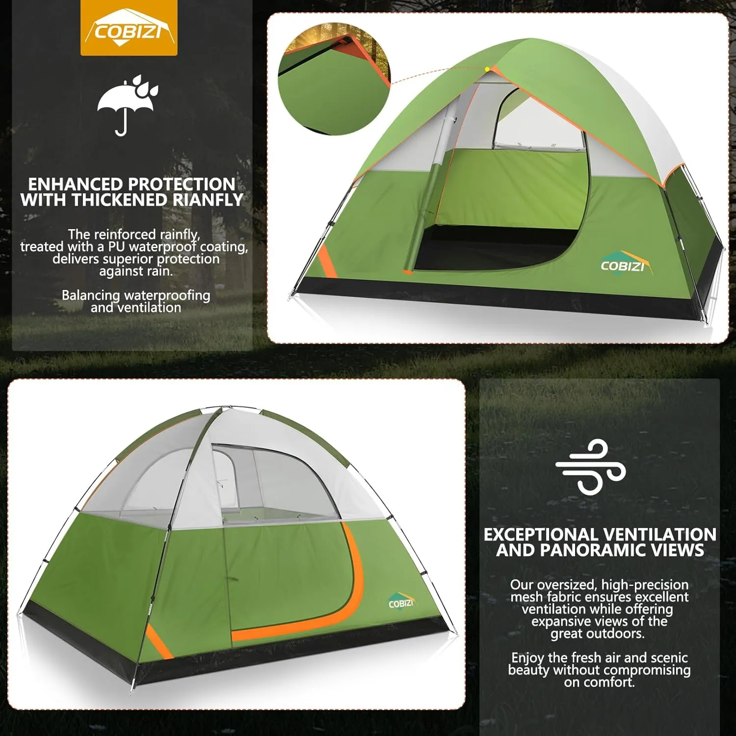 COBIZI 4/6 Person Tent for Camping Waterproof PU-Coated with Removable Rainfly, Easy Setup Family Tent with Large Mesh Windows, 3 Season Portable Dome Tent for Outdoor, Scouts, Hiking & Traveling