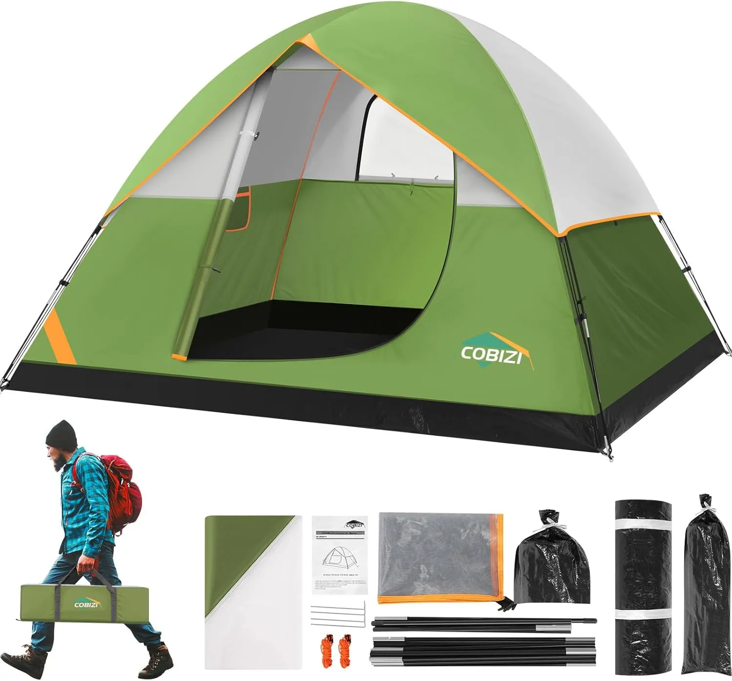 COBIZI 4/6 Person Tent for Camping Waterproof PU-Coated with Removable Rainfly, Easy Setup Family Tent with Large Mesh Windows, 3 Season Portable Dome Tent for Outdoor, Scouts, Hiking & Traveling