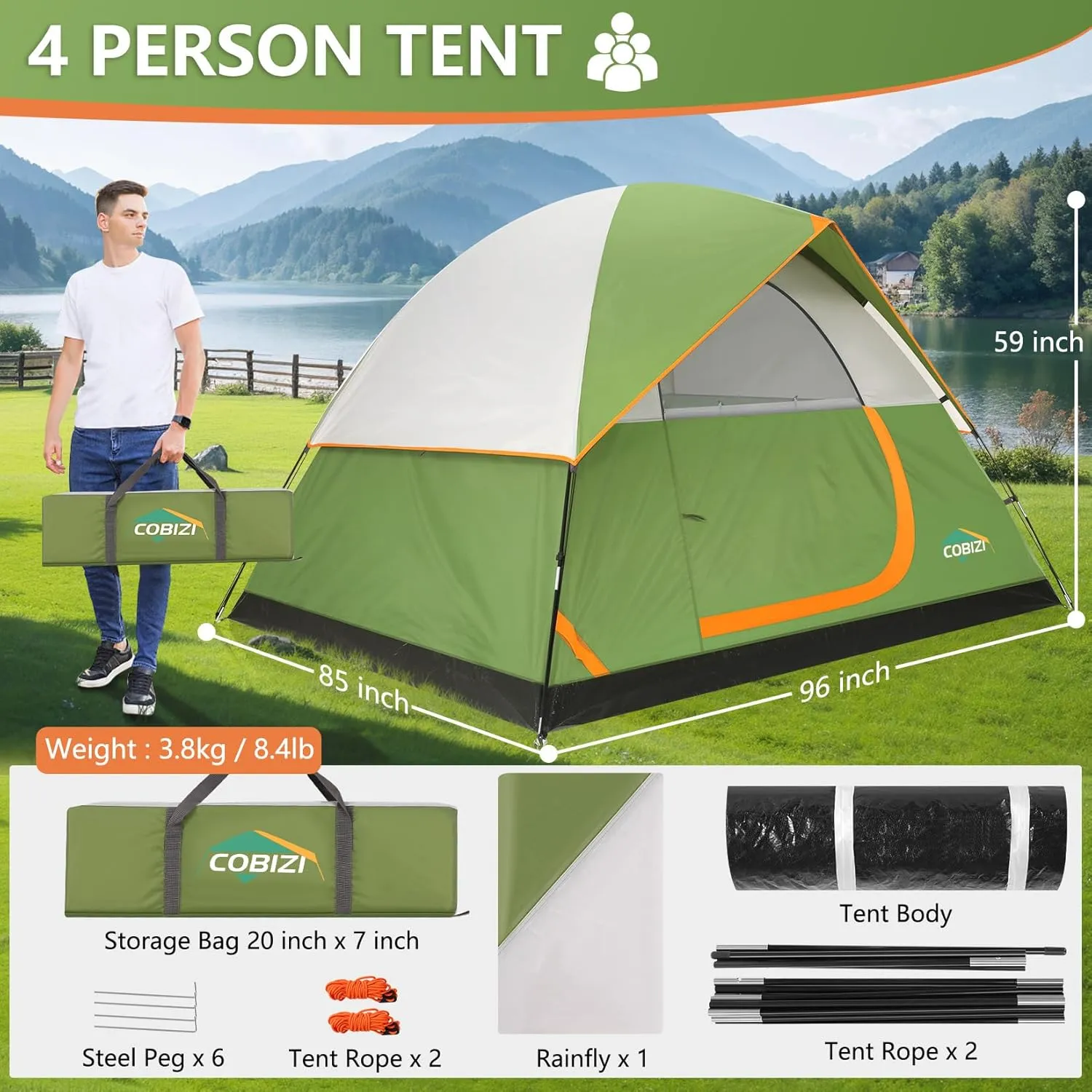 COBIZI 4/6 Person Tent for Camping Waterproof PU-Coated with Removable Rainfly, Easy Setup Family Tent with Large Mesh Windows, 3 Season Portable Dome Tent for Outdoor, Scouts, Hiking & Traveling