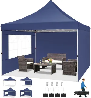 COBIZI Canopy 10x10 Pop Up Canopy Tent with 3 Sidewalls, Commercial Party Tent Ez Waterproof Outdoor Instant Gazebo UV 50  Event Shelter, Garden Tents for Parties Camping with Sandbags，Dark Blue