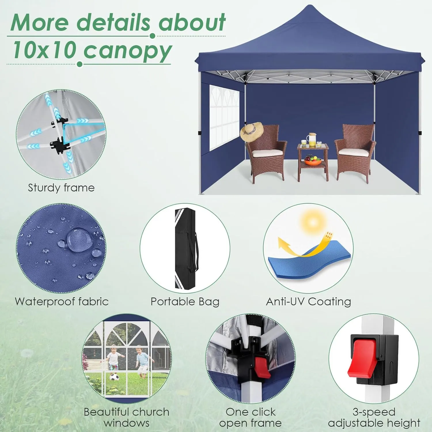 COBIZI Canopy 10x10 Pop Up Canopy Tent with 3 Sidewalls, Commercial Party Tent Ez Waterproof Outdoor Instant Gazebo UV 50  Event Shelter, Garden Tents for Parties Camping with Sandbags，Dark Blue