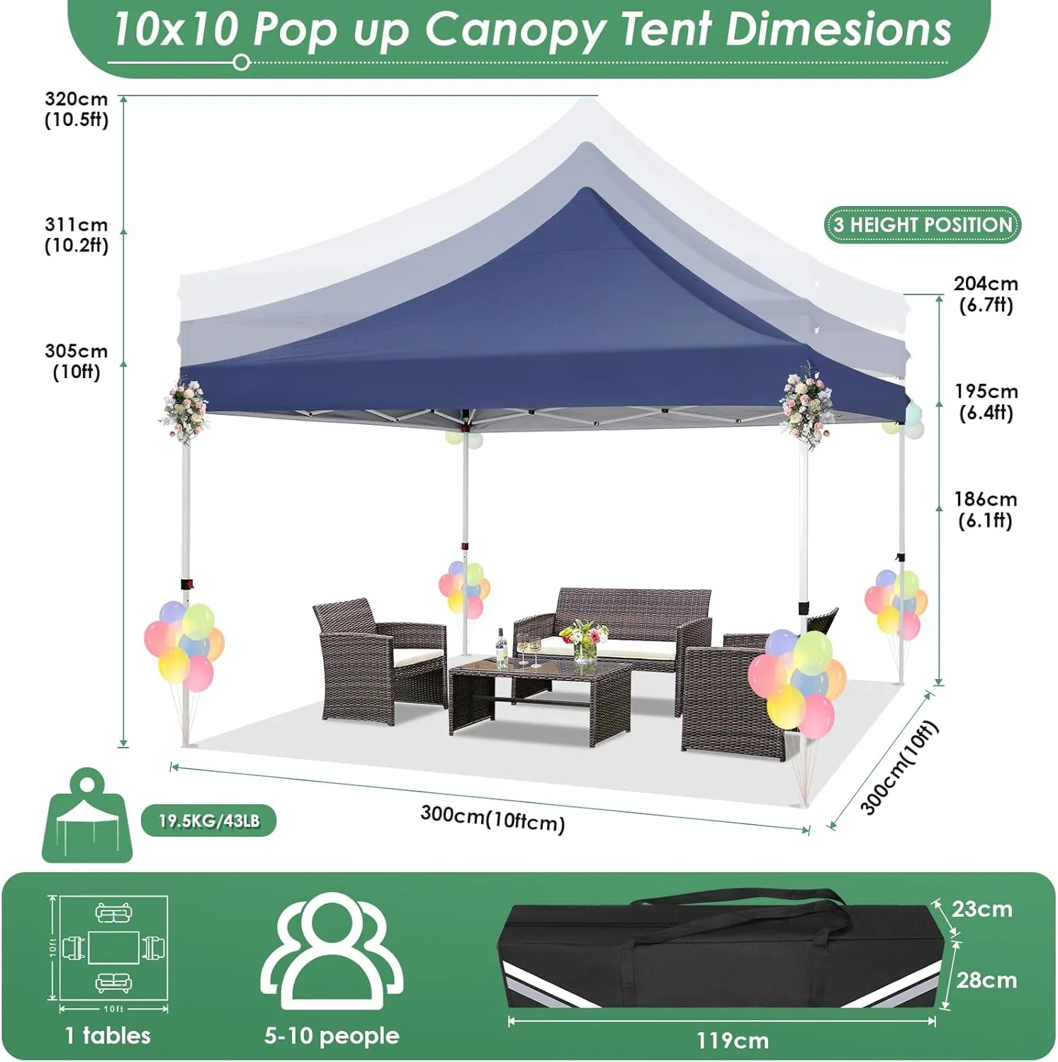 COBIZI Canopy 10x10 Pop Up Canopy Tent with 3 Sidewalls, Commercial Party Tent Ez Waterproof Outdoor Instant Gazebo UV 50  Event Shelter, Garden Tents for Parties Camping with Sandbags，Dark Blue