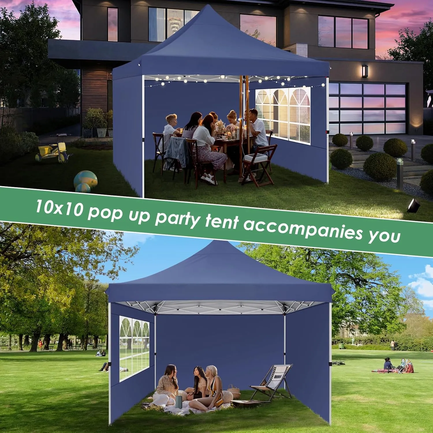 COBIZI Canopy 10x10 Pop Up Canopy Tent with 3 Sidewalls, Commercial Party Tent Ez Waterproof Outdoor Instant Gazebo UV 50  Event Shelter, Garden Tents for Parties Camping with Sandbags，Dark Blue