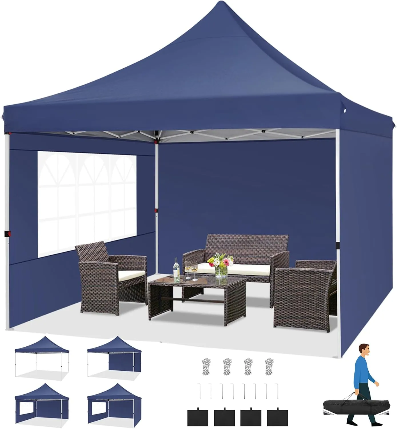 COBIZI Canopy 10x10 Pop Up Canopy Tent with 3 Sidewalls, Commercial Party Tent Ez Waterproof Outdoor Instant Gazebo UV 50  Event Shelter, Garden Tents for Parties Camping with Sandbags，Dark Blue
