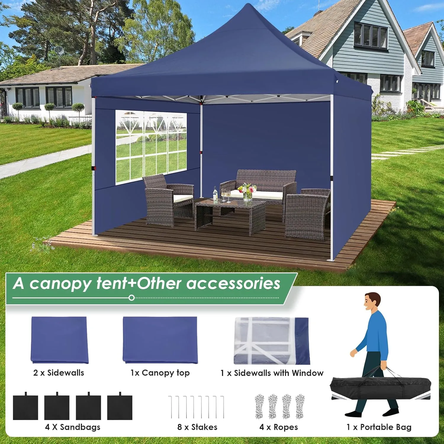 COBIZI Canopy 10x10 Pop Up Canopy Tent with 3 Sidewalls, Commercial Party Tent Ez Waterproof Outdoor Instant Gazebo UV 50  Event Shelter, Garden Tents for Parties Camping with Sandbags，Dark Blue
