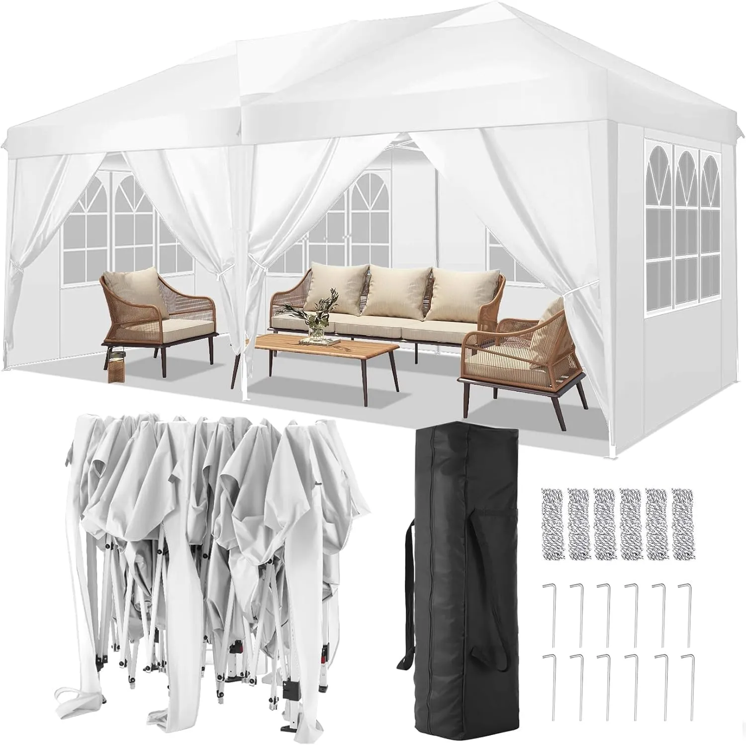 COBIZI Canopy 10x20 Pop Up Canopy Tent with 6 Sidewalls Party Tents for Parties Weddings Backyard Waterproof Canopy Outdoor Commercial Canopy Event Tent with Stakes, Ropes, White