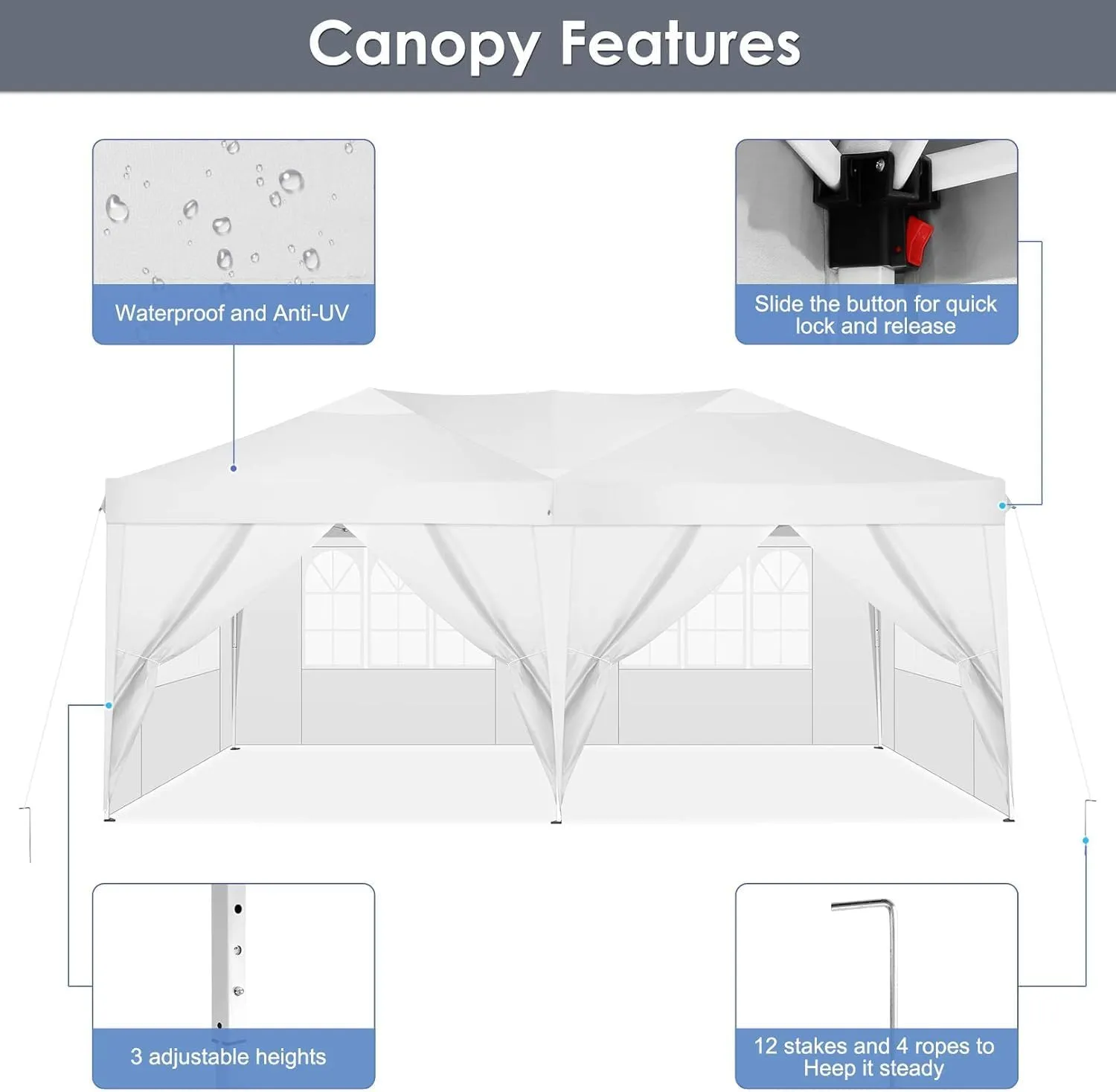 COBIZI Canopy 10x20 Pop Up Canopy Tent with 6 Sidewalls Party Tents for Parties Weddings Backyard Waterproof Canopy Outdoor Commercial Canopy Event Tent with Stakes, Ropes, White