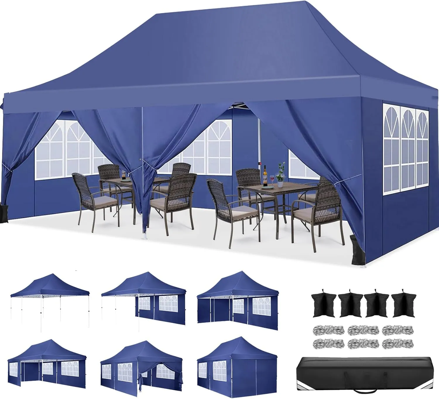 COBIZI Canopy 10x20 Pop Up Canopy Tent with 6 Sidewalls, Waterproof Commercial Canopy Ez Outdoor Instant Gazebo Easy to Set up Event Shelter, Garden Tents for Parties with Sandbags, Dark Blue