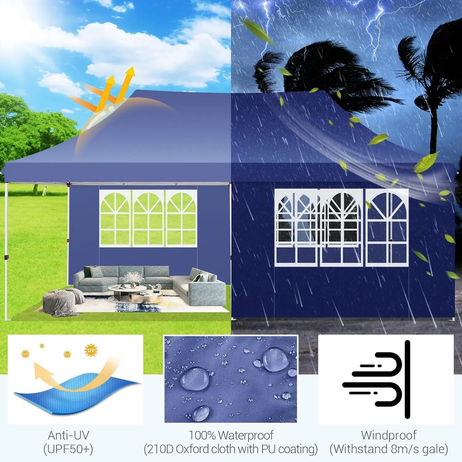 COBIZI Canopy 10x20 Pop Up Canopy Tent with 6 Sidewalls, Waterproof Commercial Canopy Ez Outdoor Instant Gazebo Easy to Set up Event Shelter, Garden Tents for Parties with Sandbags, Dark Blue