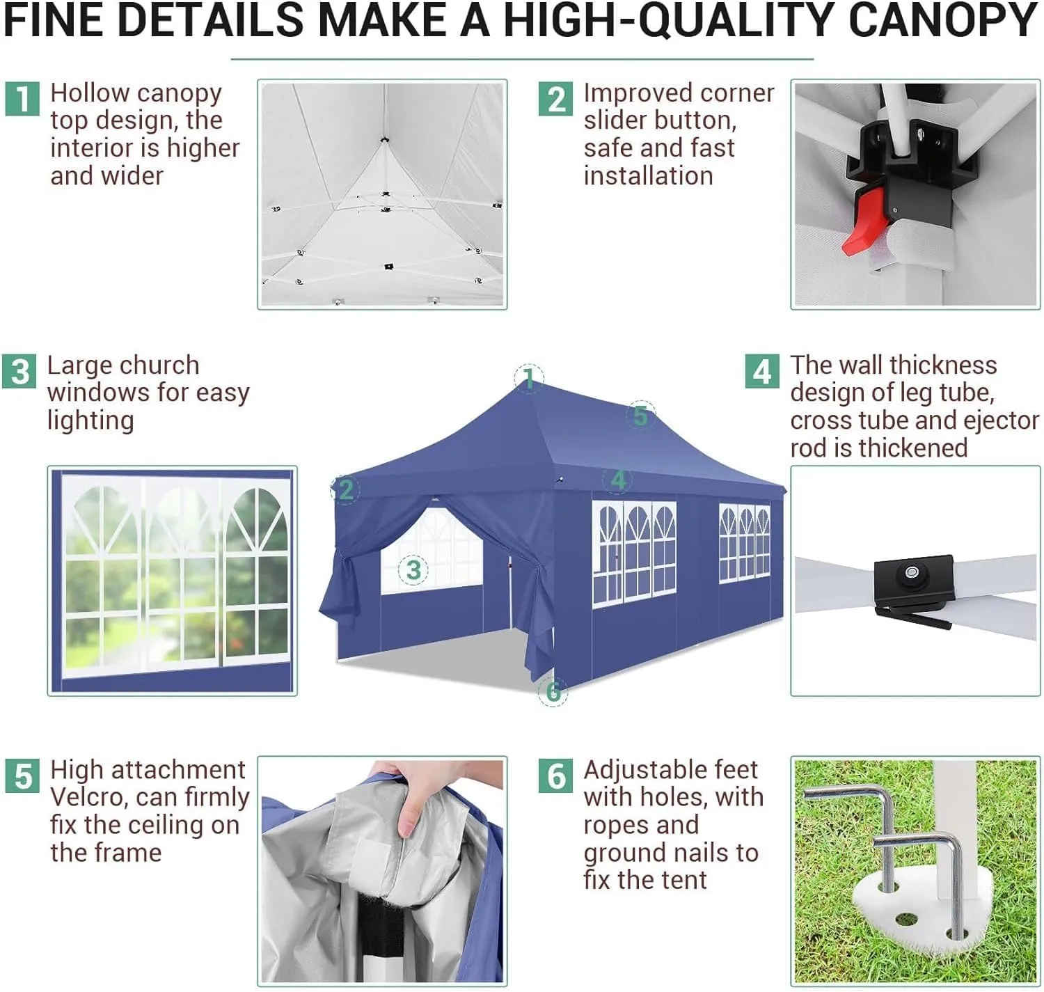 COBIZI Canopy 10x20 Pop Up Canopy Tent with 6 Sidewalls, Waterproof Commercial Canopy Ez Outdoor Instant Gazebo Easy to Set up Event Shelter, Garden Tents for Parties with Sandbags, Dark Blue