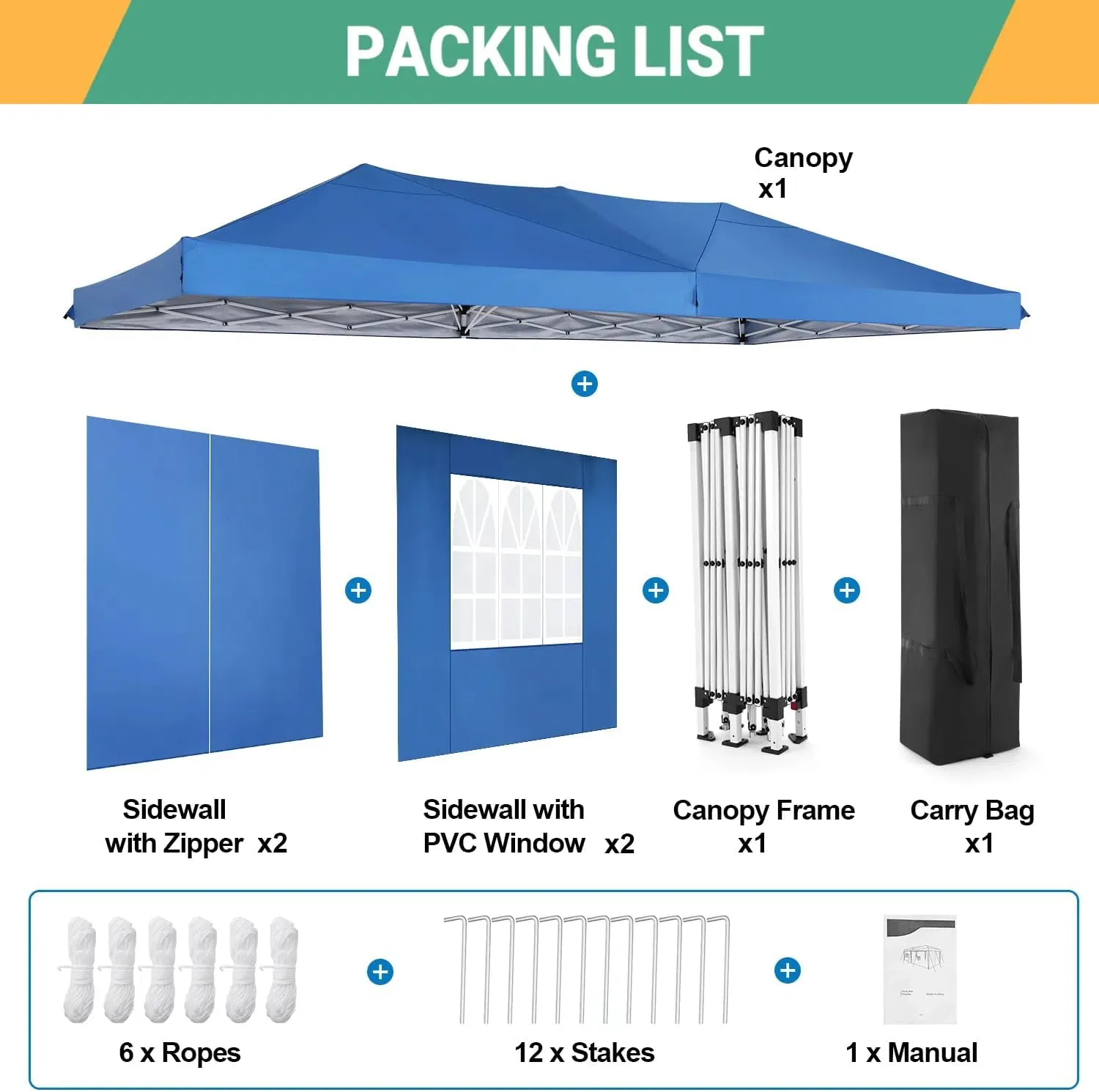 COBIZI Canopy 10x20 Pop Up Canopy Tent with 6 Sidewalls, Waterproof Outdoor Event Shelter Gazebo Sun Shade Portable 10x20 Tents for Parties Beach Camping Commercial Instant Canopy, Blue