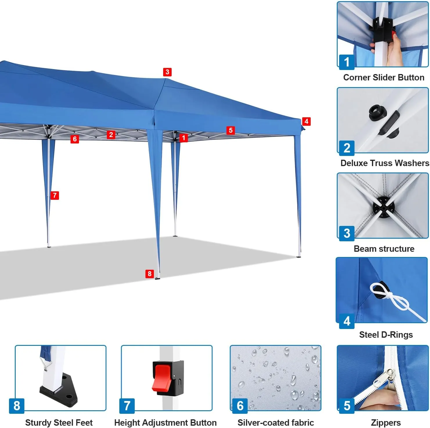 COBIZI Canopy 10x20 Pop Up Canopy Tent with 6 Sidewalls, Waterproof Outdoor Event Shelter Gazebo Sun Shade Portable 10x20 Tents for Parties Beach Camping Commercial Instant Canopy, Blue