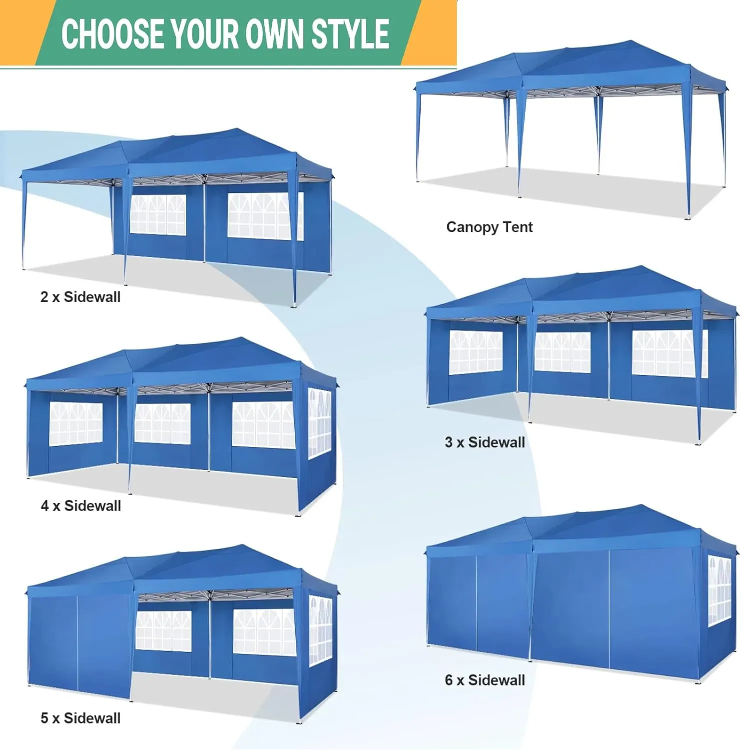 COBIZI Canopy 10x20 Pop Up Canopy Tent with 6 Sidewalls, Waterproof Outdoor Event Shelter Gazebo Sun Shade Portable 10x20 Tents for Parties Beach Camping Commercial Instant Canopy, Blue