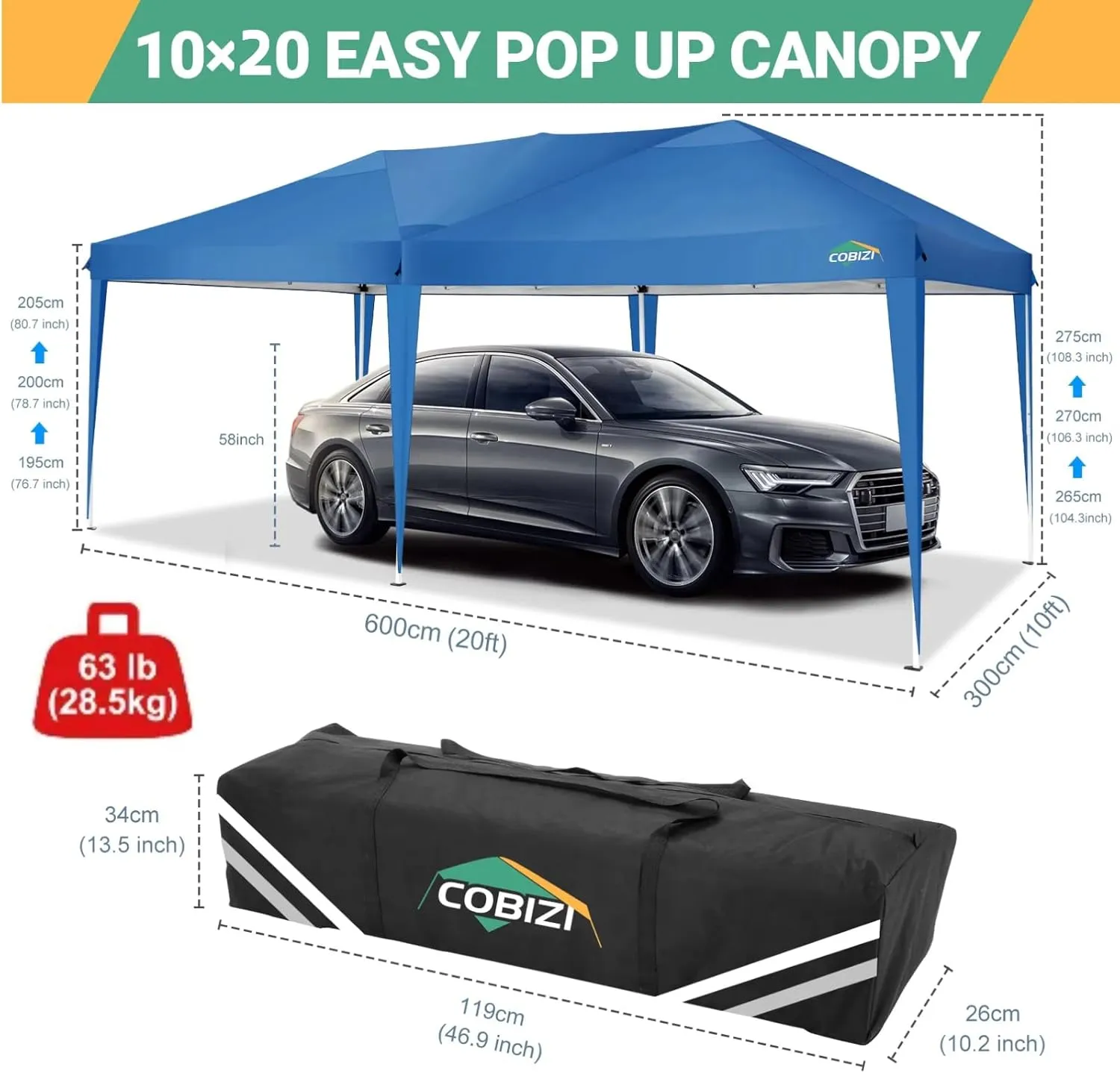 COBIZI Canopy 10x20 Pop Up Canopy Tent with 6 Sidewalls, Waterproof Outdoor Event Shelter Gazebo Sun Shade Portable 10x20 Tents for Parties Beach Camping Commercial Instant Canopy, Blue