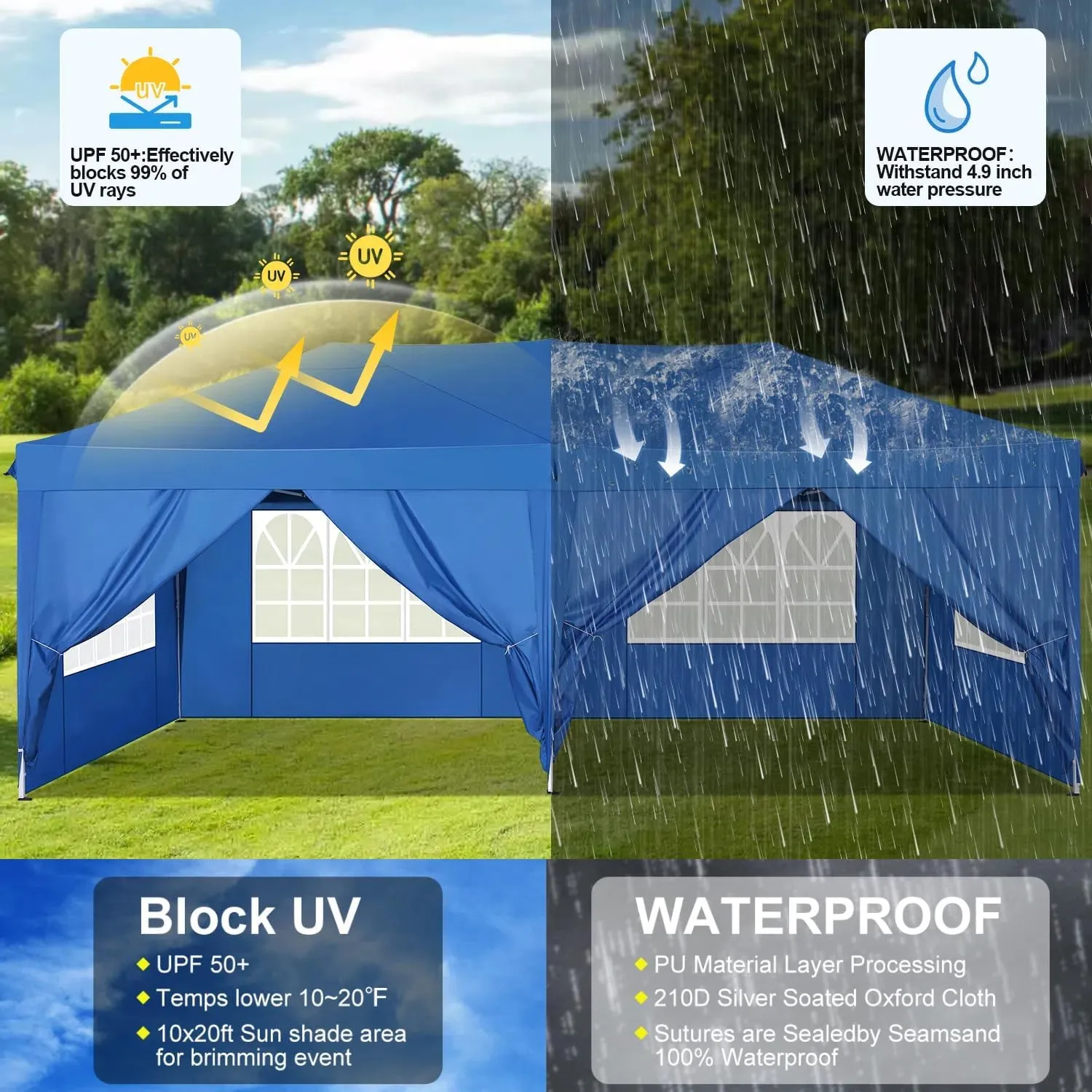 COBIZI Canopy 10x20 Pop Up Canopy Tent with 6 Sidewalls, Waterproof Outdoor Event Shelter Gazebo Sun Shade Portable 10x20 Tents for Parties Beach Camping Commercial Instant Canopy, Blue