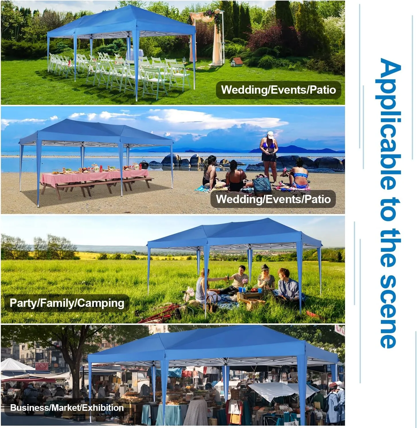 COBIZI Canopy 10x20 Pop Up Canopy Tent with 6 Sidewalls, Waterproof Outdoor Event Shelter Gazebo Sun Shade Portable 10x20 Tents for Parties Beach Camping Commercial Instant Canopy, Blue