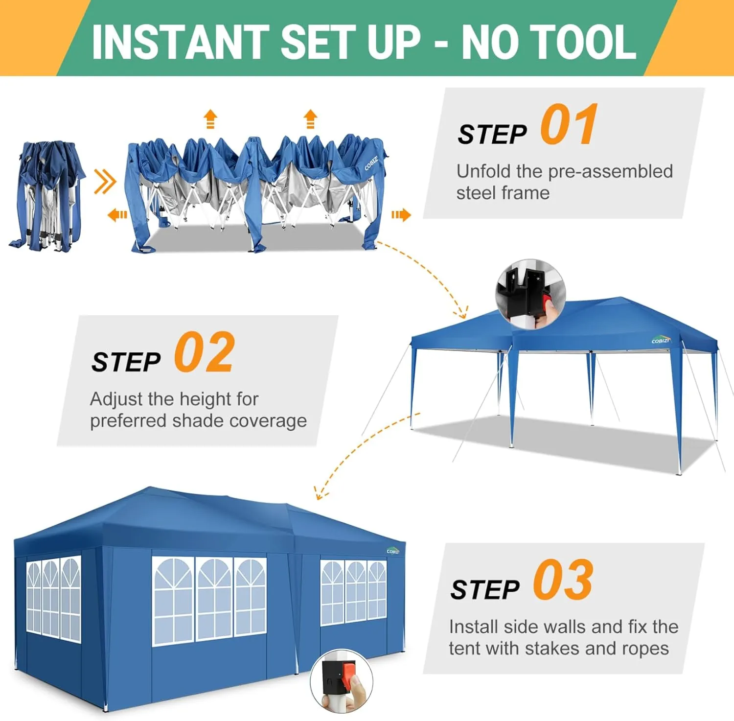 COBIZI Canopy 10x20 Pop Up Canopy Tent with 6 Sidewalls, Waterproof Outdoor Event Shelter Gazebo Sun Shade Portable 10x20 Tents for Parties Beach Camping Commercial Instant Canopy, Blue
