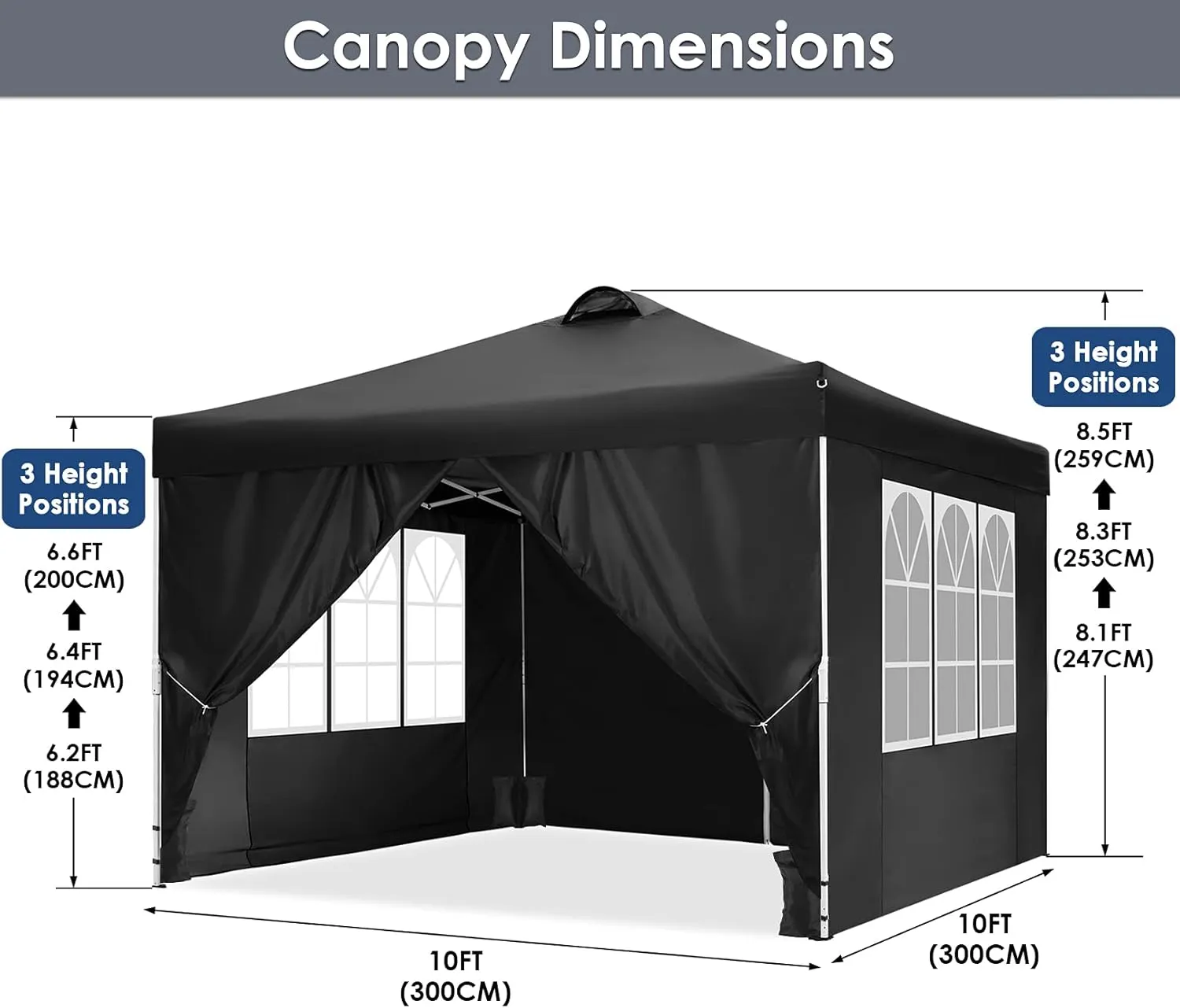 COBIZI Canopy Tent 10x10 Pop Up Outdoor Canopies with 4 Sidewalls Waterproof Commercial Instant Gazebo Tents for Party Patio Backyard with 4 Sandbags, 4 Stakes & 8 Ropes, Black