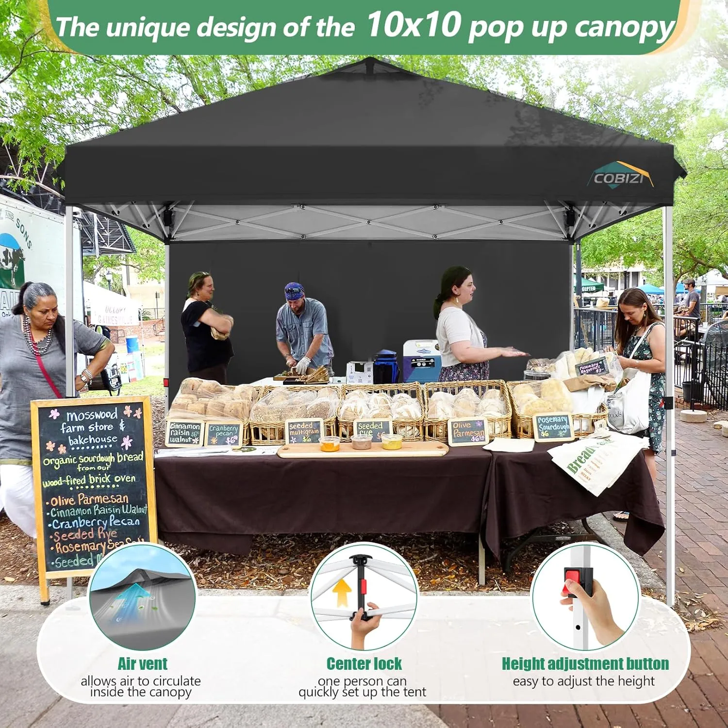 COBIZI Canopy Tent 10x10 Pop Up Outdoor Canopies with 4 Sidewalls Waterproof Commercial Instant Gazebo Tents for Party Patio Backyard with 4 Sandbags, 4 Stakes & 8 Ropes, Black