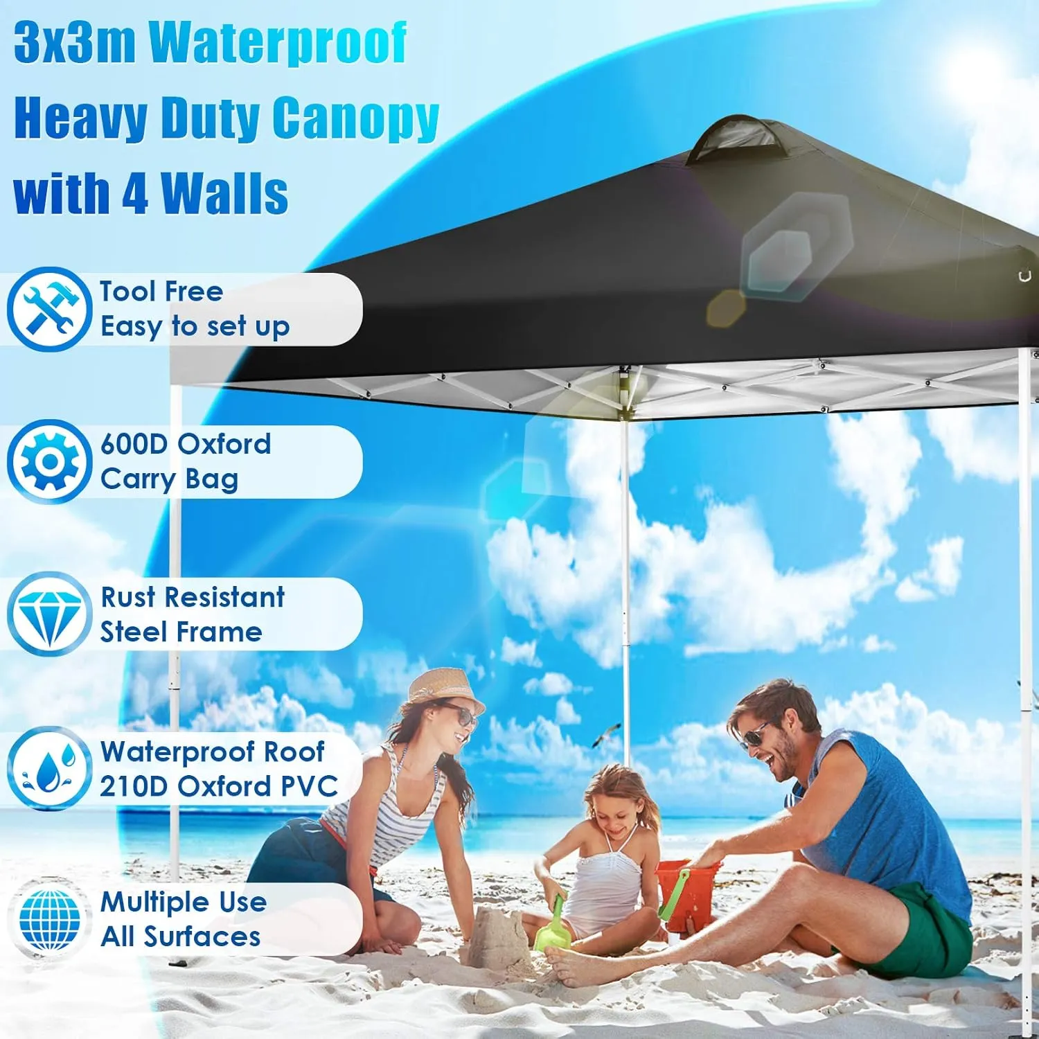 COBIZI Canopy Tent 10x10 Pop Up Outdoor Canopies with 4 Sidewalls Waterproof Commercial Instant Gazebo Tents for Party Patio Backyard with 4 Sandbags, 4 Stakes & 8 Ropes, Black