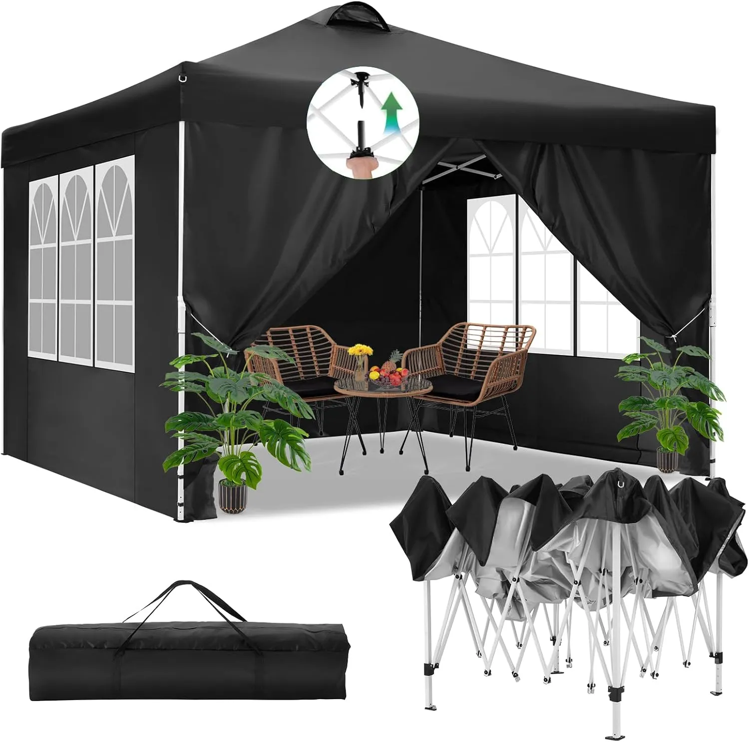 COBIZI Canopy Tent 10x10 Pop Up Outdoor Canopies with 4 Sidewalls Waterproof Commercial Instant Gazebo Tents for Party Patio Backyard with 4 Sandbags, 4 Stakes & 8 Ropes, Black