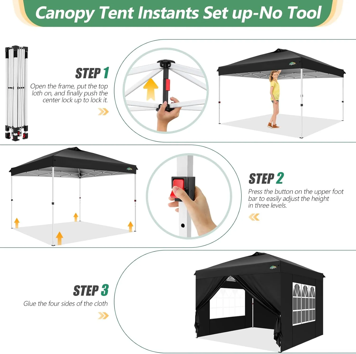 COBIZI Canopy Tent 10x10 Pop Up Outdoor Canopies with 4 Sidewalls Waterproof Commercial Instant Gazebo Tents for Party Patio Backyard with 4 Sandbags, 4 Stakes & 8 Ropes, Black
