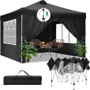COBIZI Canopy Tent 10x10 Pop Up Outdoor Canopies with 4 Sidewalls Waterproof Commercial Instant Gazebo Tents for Party Patio Backyard with 4 Sandbags, 4 Stakes & 8 Ropes, Black