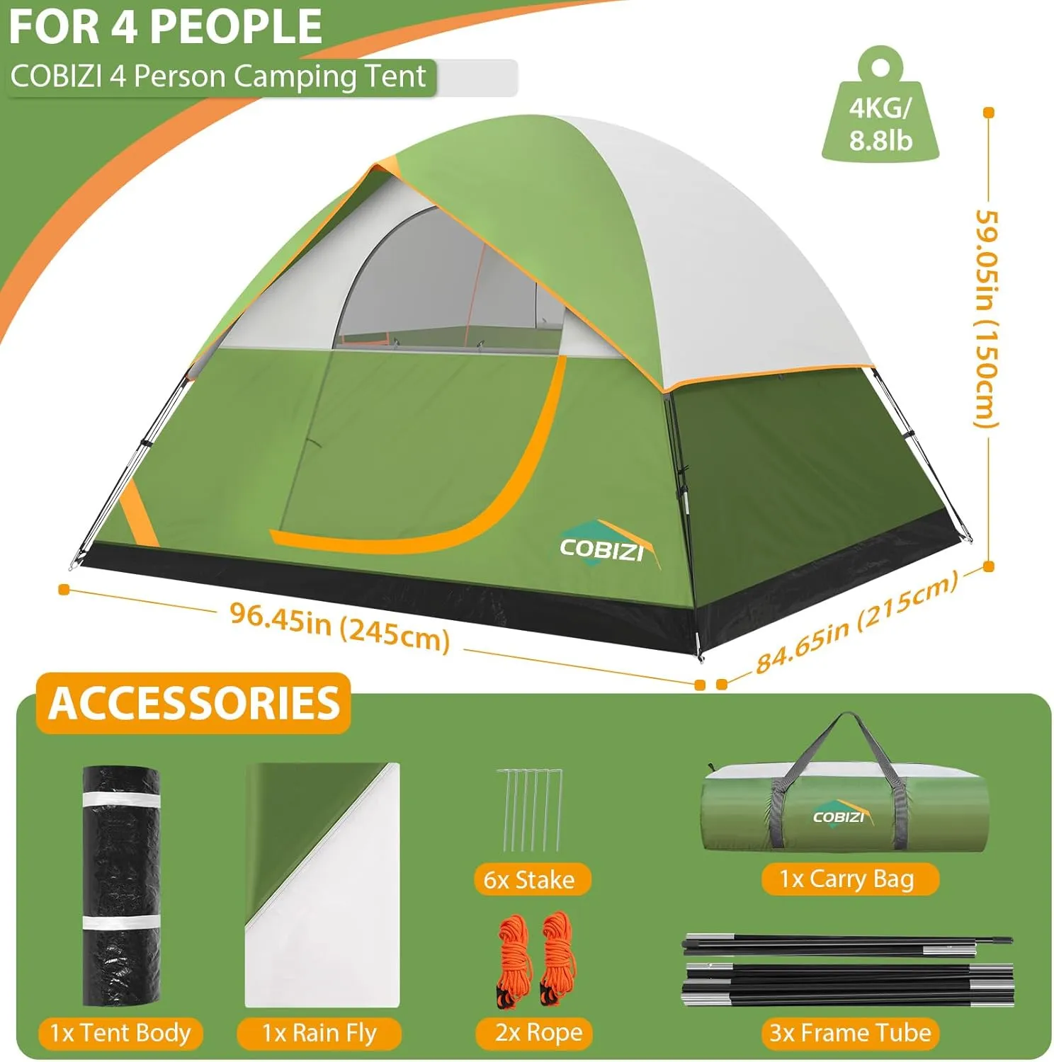 COBIZI Tents for Camping 4/6 Person Camping Tent with Rainfly and Screen, Easy Setup Lightweight Portable Waterproof Outdoor Tent with Carry Bag for Backpacking, Hiking, Family Travel
