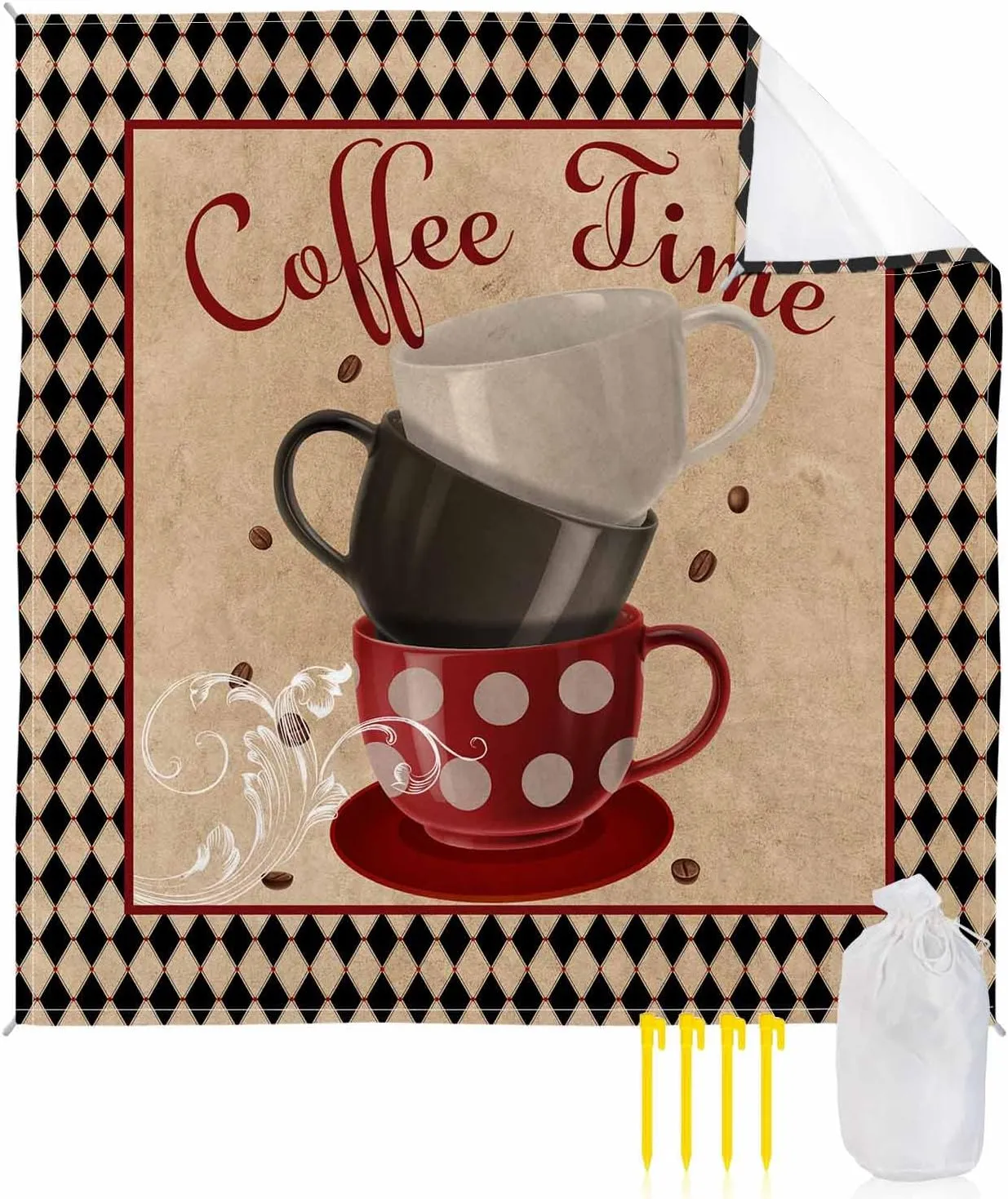 Coffee Theme Beach Blanket Large with Stakes Waterproof Sandproof,Foldable Beach Mat with Corner Pockets for Outdoor Travel Camping Hiking Picnic Essentials,Retro Plaid Coffee Cup Coffee Beans 95"x80"