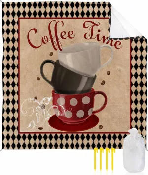 Coffee Theme Beach Blanket Large with Stakes Waterproof Sandproof,Foldable Beach Mat with Corner Pockets for Outdoor Travel Camping Hiking Picnic Essentials,Retro Plaid Coffee Cup Coffee Beans 95"x80"