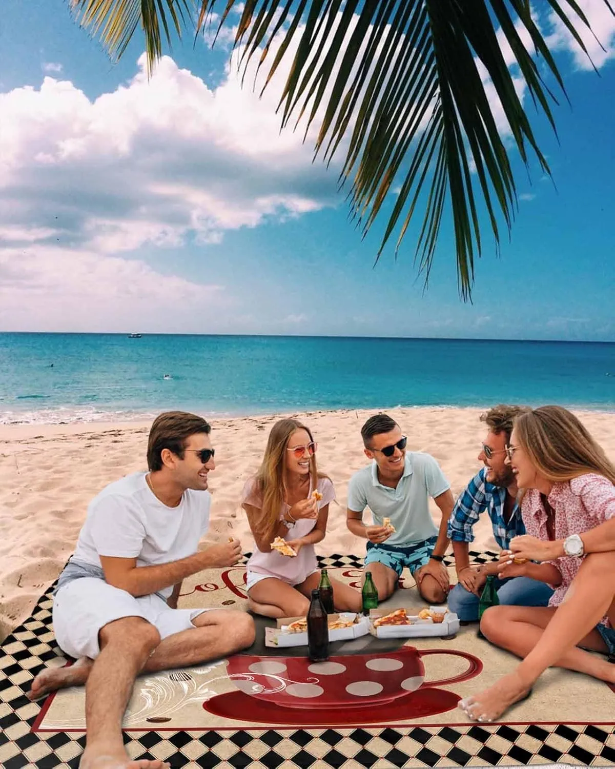 Coffee Theme Beach Blanket Large with Stakes Waterproof Sandproof,Foldable Beach Mat with Corner Pockets for Outdoor Travel Camping Hiking Picnic Essentials,Retro Plaid Coffee Cup Coffee Beans 95"x80"